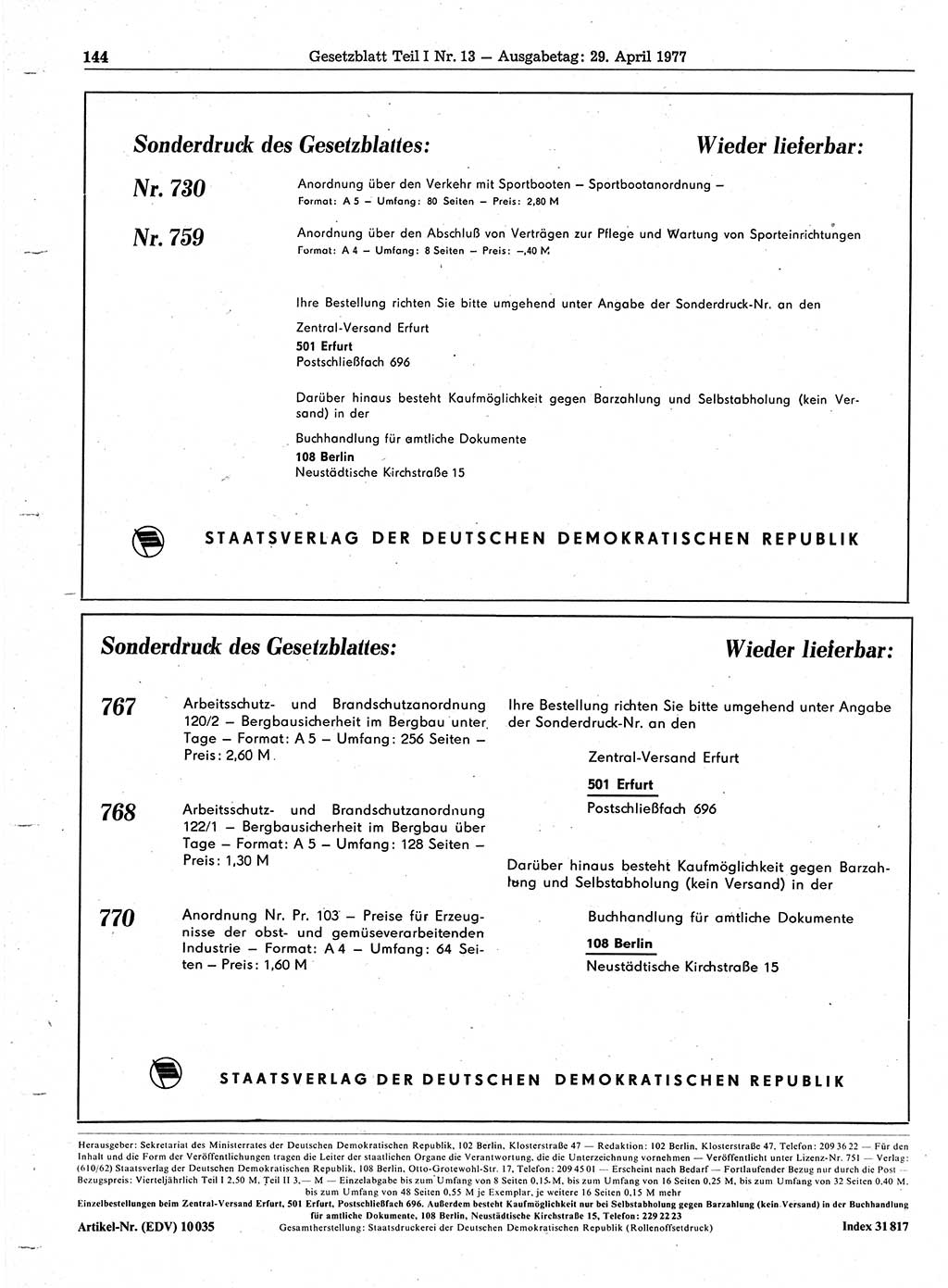 Gesetzblatt (GBl.) der Deutschen Demokratischen Republik (DDR) Teil Ⅰ 1977, Seite 144 (GBl. DDR Ⅰ 1977, S. 144)