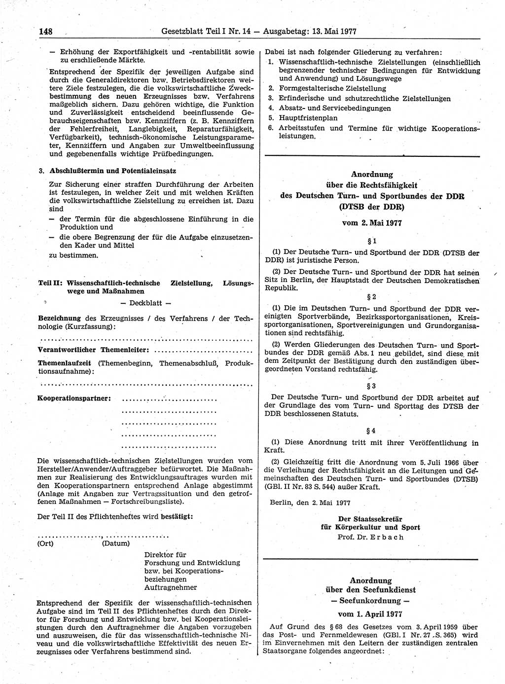 Gesetzblatt (GBl.) der Deutschen Demokratischen Republik (DDR) Teil Ⅰ 1977, Seite 148 (GBl. DDR Ⅰ 1977, S. 148)