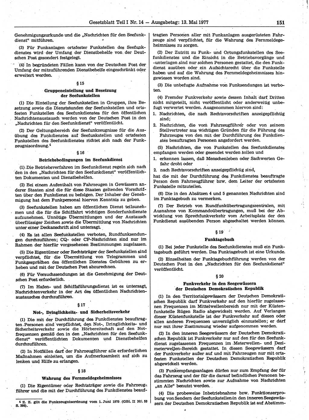 Gesetzblatt (GBl.) der Deutschen Demokratischen Republik (DDR) Teil Ⅰ 1977, Seite 151 (GBl. DDR Ⅰ 1977, S. 151)