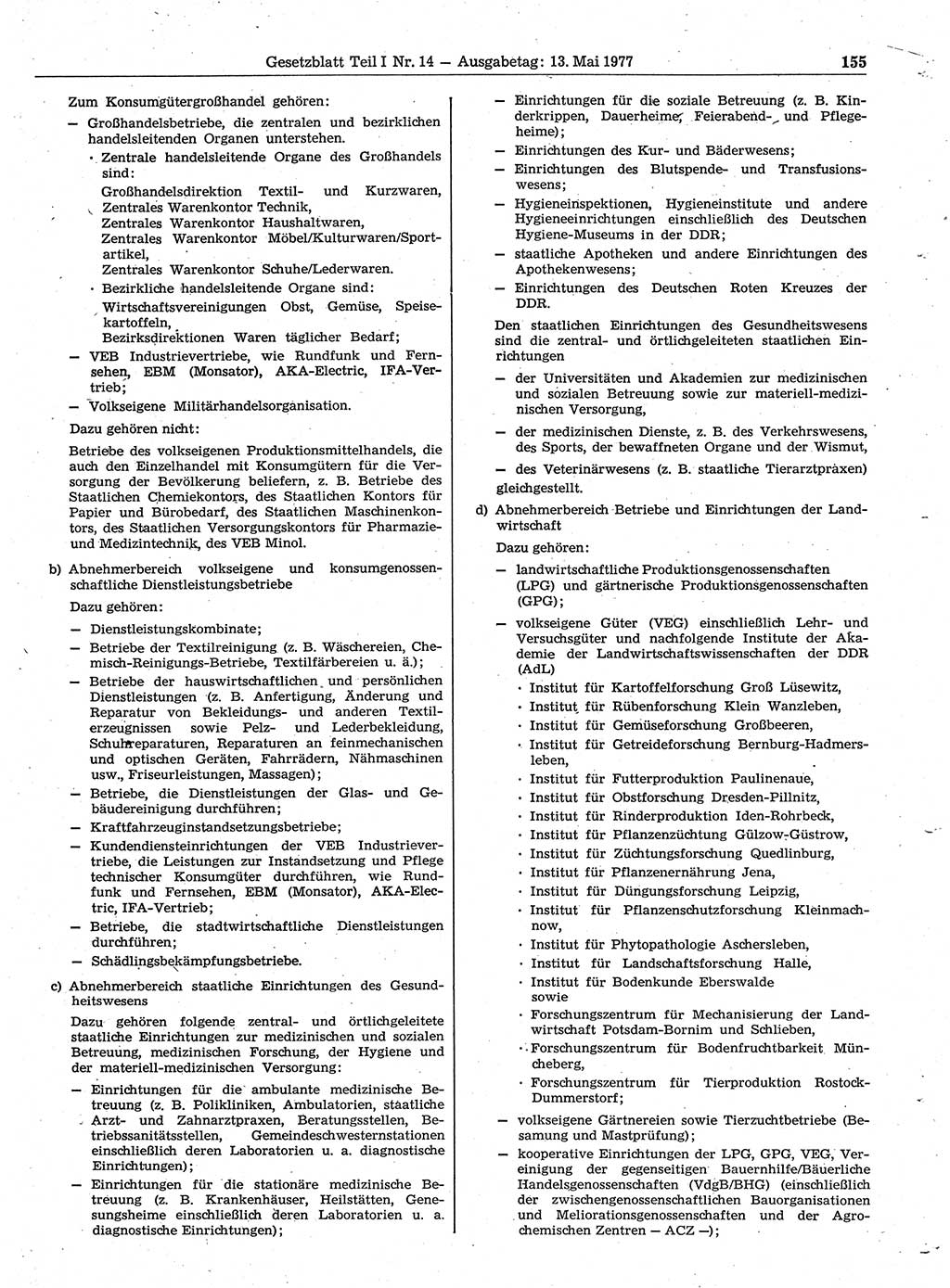 Gesetzblatt (GBl.) der Deutschen Demokratischen Republik (DDR) Teil Ⅰ 1977, Seite 155 (GBl. DDR Ⅰ 1977, S. 155)