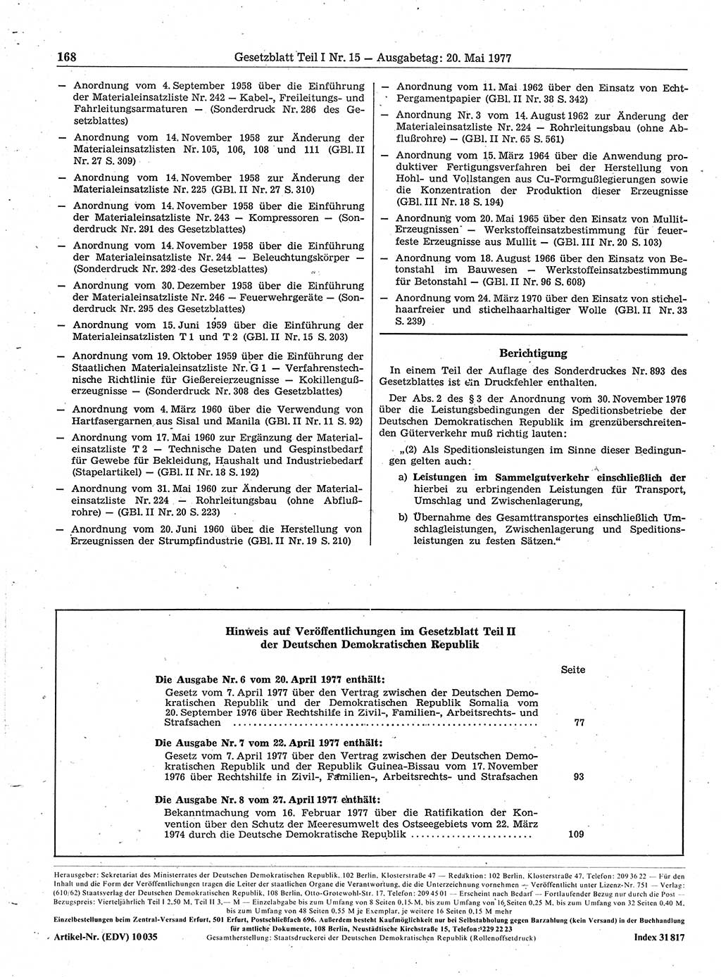 Gesetzblatt (GBl.) der Deutschen Demokratischen Republik (DDR) Teil Ⅰ 1977, Seite 168 (GBl. DDR Ⅰ 1977, S. 168)