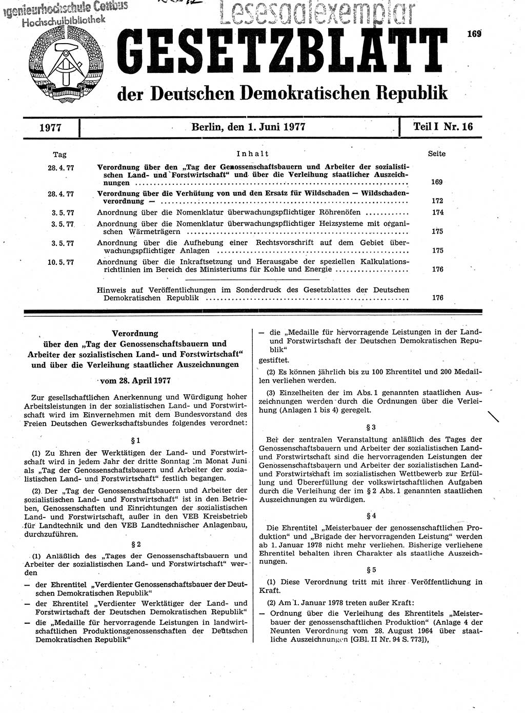 Gesetzblatt (GBl.) der Deutschen Demokratischen Republik (DDR) Teil Ⅰ 1977, Seite 169 (GBl. DDR Ⅰ 1977, S. 169)