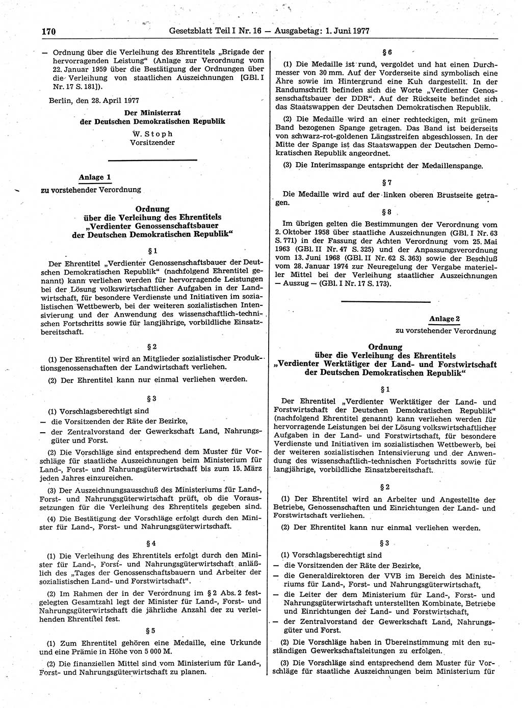 Gesetzblatt (GBl.) der Deutschen Demokratischen Republik (DDR) Teil Ⅰ 1977, Seite 170 (GBl. DDR Ⅰ 1977, S. 170)