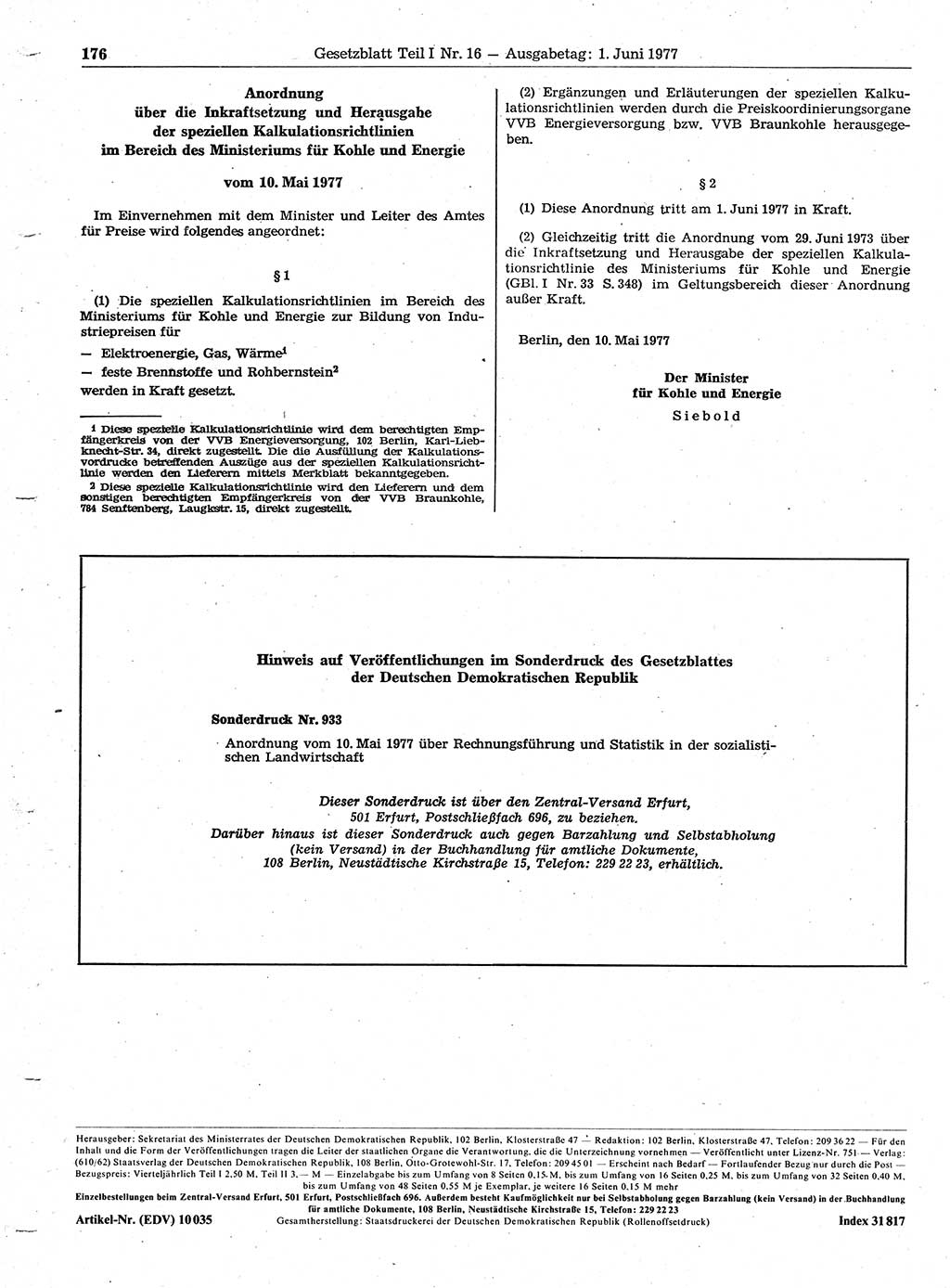 Gesetzblatt (GBl.) der Deutschen Demokratischen Republik (DDR) Teil Ⅰ 1977, Seite 176 (GBl. DDR Ⅰ 1977, S. 176)