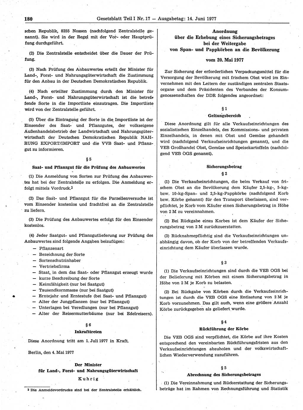 Gesetzblatt (GBl.) der Deutschen Demokratischen Republik (DDR) Teil Ⅰ 1977, Seite 180 (GBl. DDR Ⅰ 1977, S. 180)