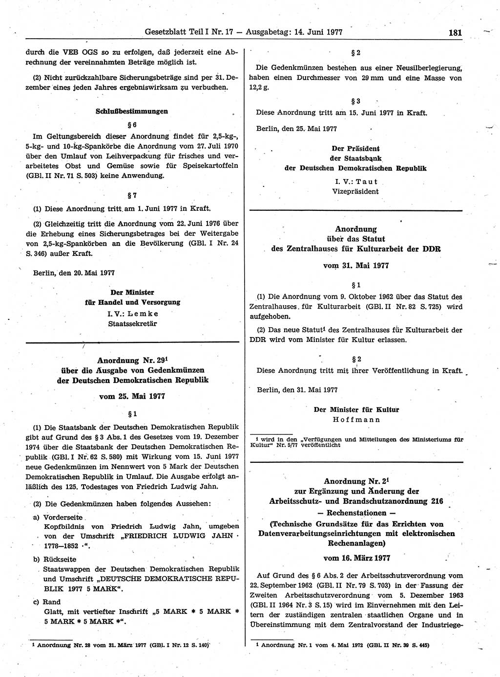 Gesetzblatt (GBl.) der Deutschen Demokratischen Republik (DDR) Teil Ⅰ 1977, Seite 181 (GBl. DDR Ⅰ 1977, S. 181)
