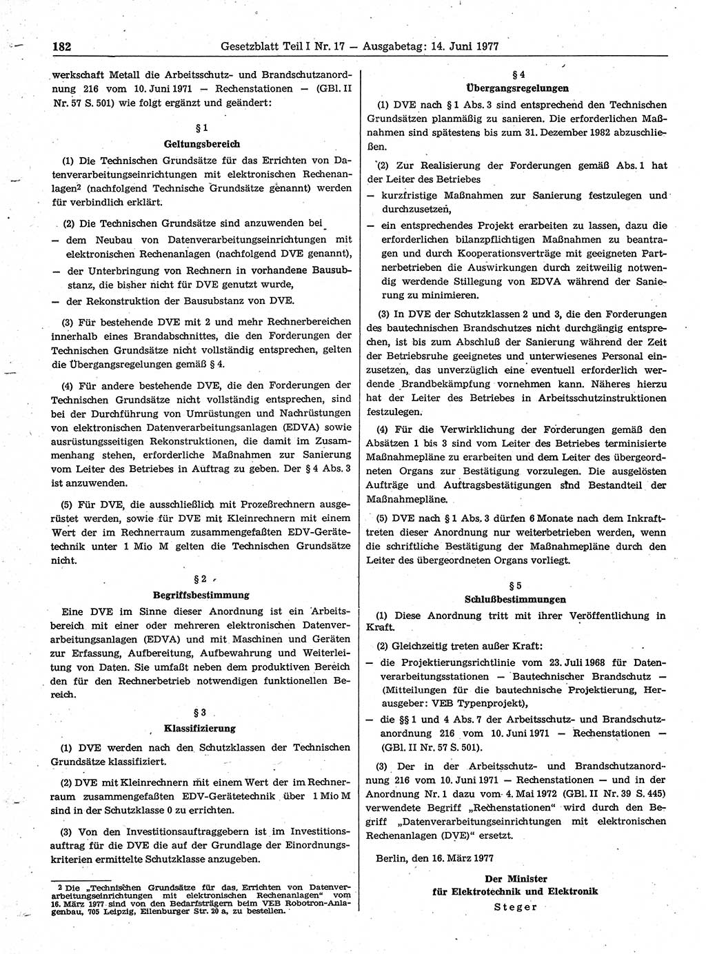 Gesetzblatt (GBl.) der Deutschen Demokratischen Republik (DDR) Teil Ⅰ 1977, Seite 182 (GBl. DDR Ⅰ 1977, S. 182)
