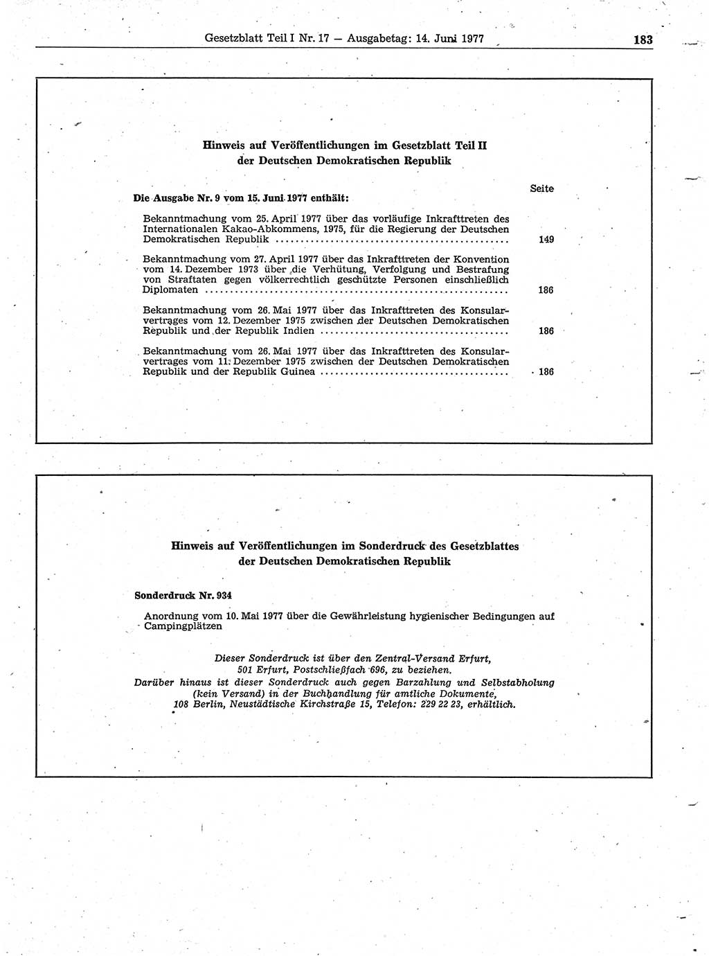 Gesetzblatt (GBl.) der Deutschen Demokratischen Republik (DDR) Teil Ⅰ 1977, Seite 183 (GBl. DDR Ⅰ 1977, S. 183)