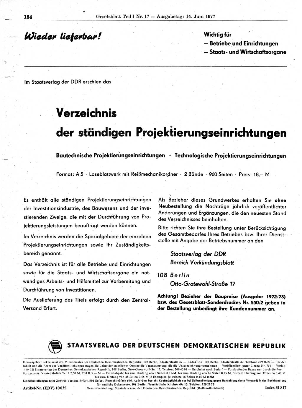 Gesetzblatt (GBl.) der Deutschen Demokratischen Republik (DDR) Teil Ⅰ 1977, Seite 184 (GBl. DDR Ⅰ 1977, S. 184)