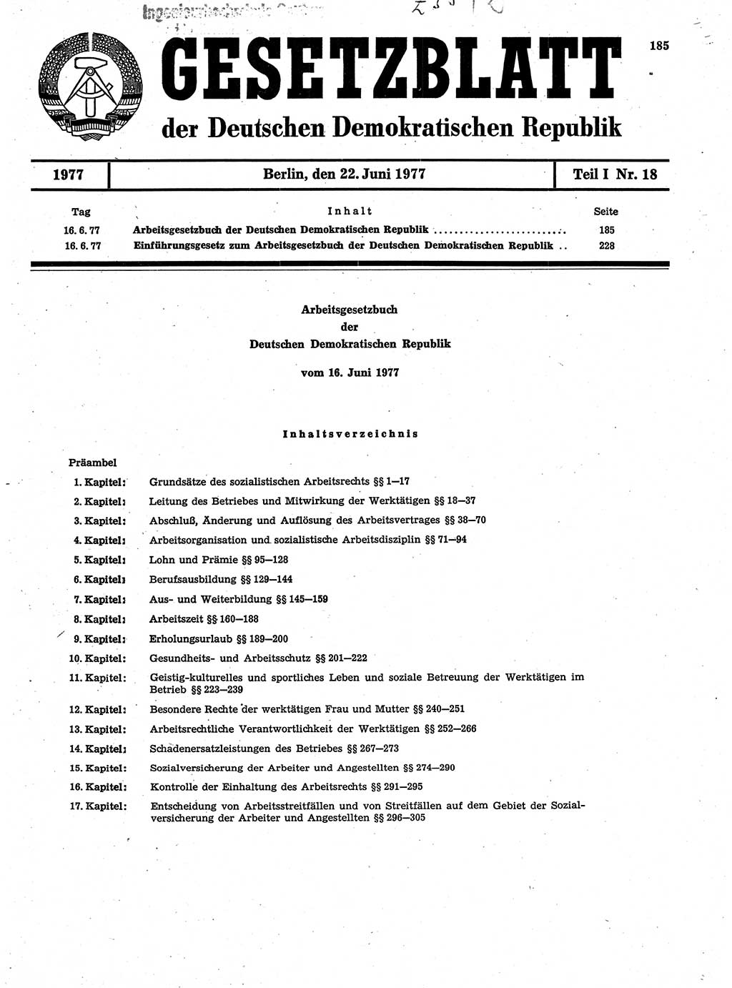 Gesetzblatt (GBl.) der Deutschen Demokratischen Republik (DDR) Teil Ⅰ 1977, Seite 185 (GBl. DDR Ⅰ 1977, S. 185)