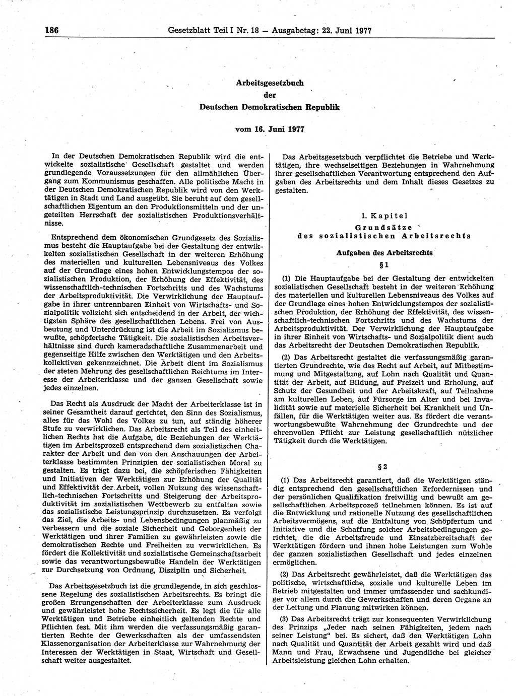 Gesetzblatt (GBl.) der Deutschen Demokratischen Republik (DDR) Teil Ⅰ 1977, Seite 186 (GBl. DDR Ⅰ 1977, S. 186)