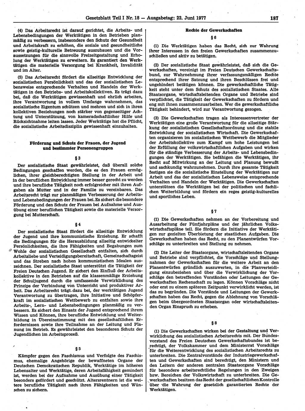 Gesetzblatt (GBl.) der Deutschen Demokratischen Republik (DDR) Teil Ⅰ 1977, Seite 187 (GBl. DDR Ⅰ 1977, S. 187)
