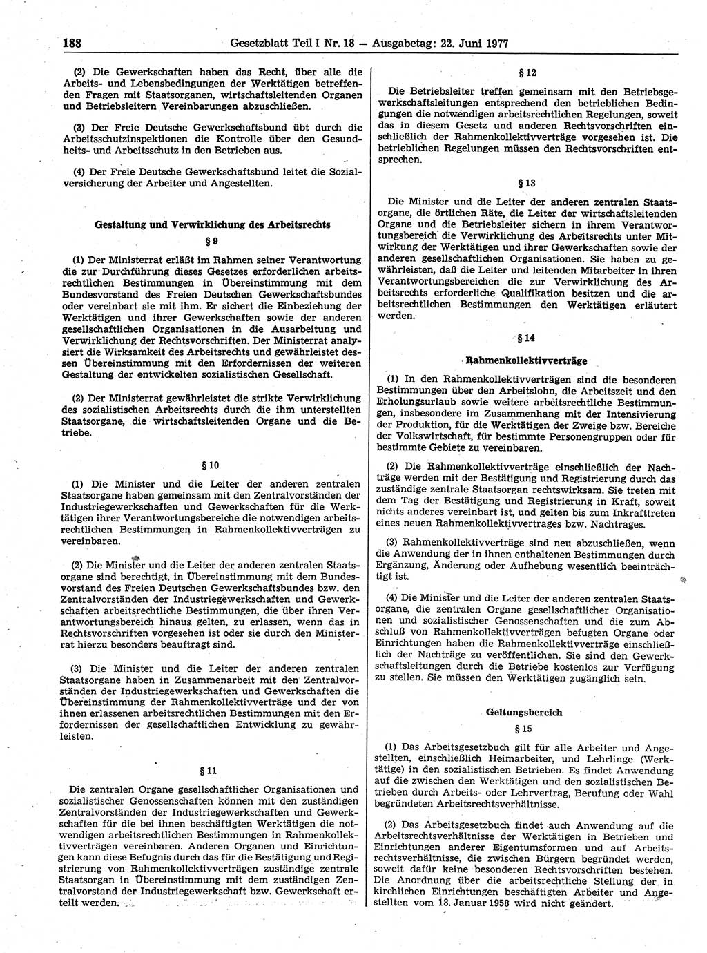 Gesetzblatt (GBl.) der Deutschen Demokratischen Republik (DDR) Teil Ⅰ 1977, Seite 188 (GBl. DDR Ⅰ 1977, S. 188)