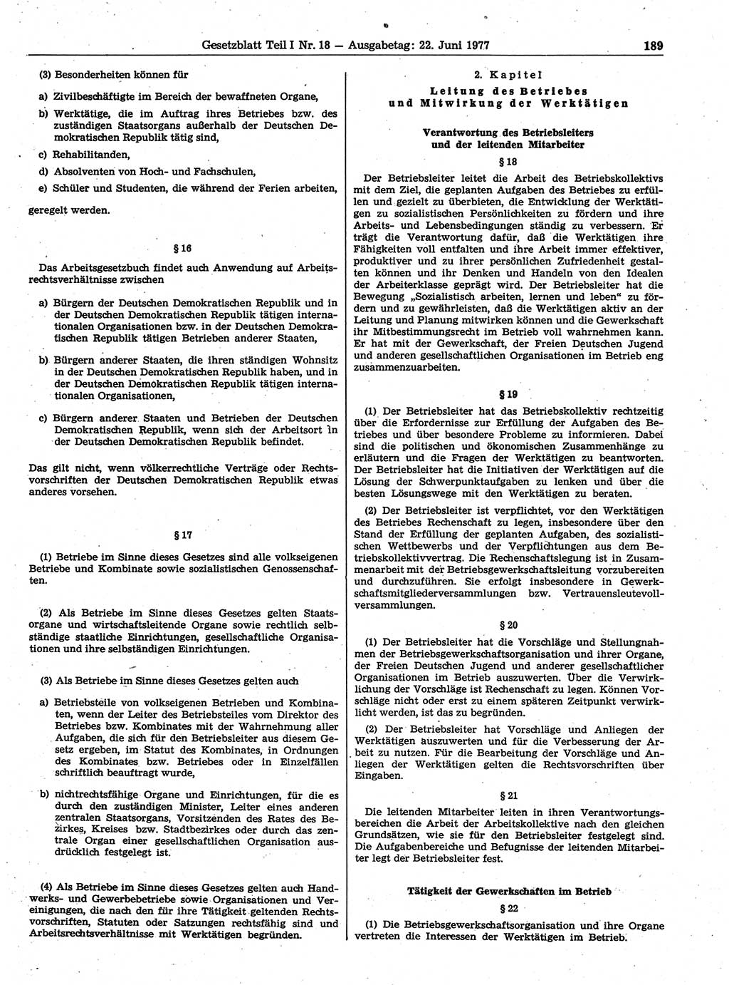 Gesetzblatt (GBl.) der Deutschen Demokratischen Republik (DDR) Teil Ⅰ 1977, Seite 189 (GBl. DDR Ⅰ 1977, S. 189)