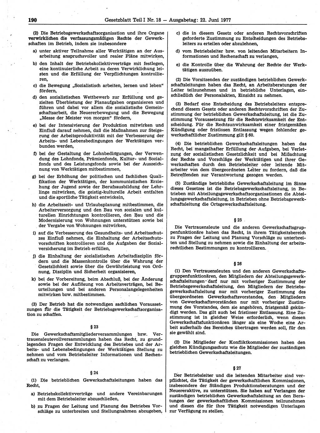 Gesetzblatt (GBl.) der Deutschen Demokratischen Republik (DDR) Teil Ⅰ 1977, Seite 190 (GBl. DDR Ⅰ 1977, S. 190)