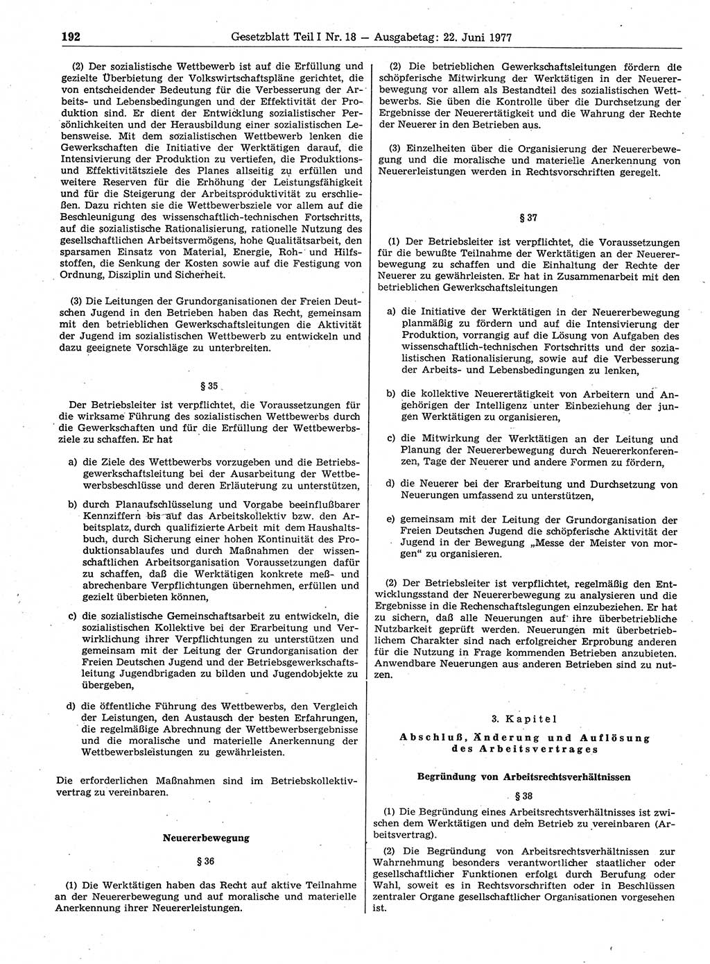 Gesetzblatt (GBl.) der Deutschen Demokratischen Republik (DDR) Teil Ⅰ 1977, Seite 192 (GBl. DDR Ⅰ 1977, S. 192)
