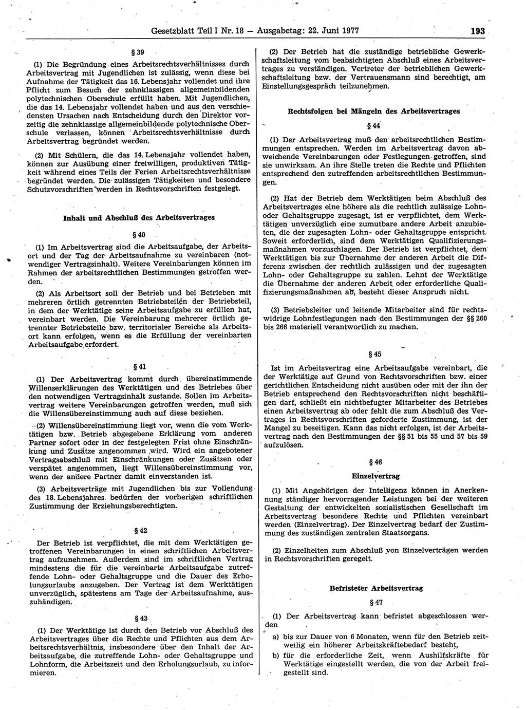 Gesetzblatt (GBl.) der Deutschen Demokratischen Republik (DDR) Teil Ⅰ 1977, Seite 193 (GBl. DDR Ⅰ 1977, S. 193)