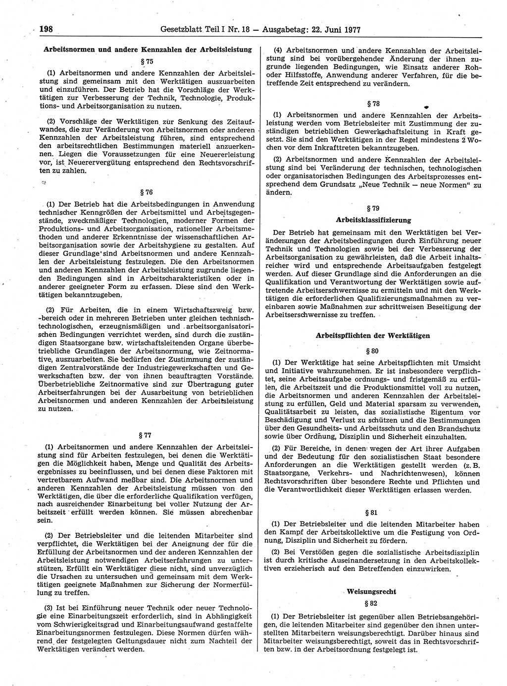 Gesetzblatt (GBl.) der Deutschen Demokratischen Republik (DDR) Teil Ⅰ 1977, Seite 198 (GBl. DDR Ⅰ 1977, S. 198)