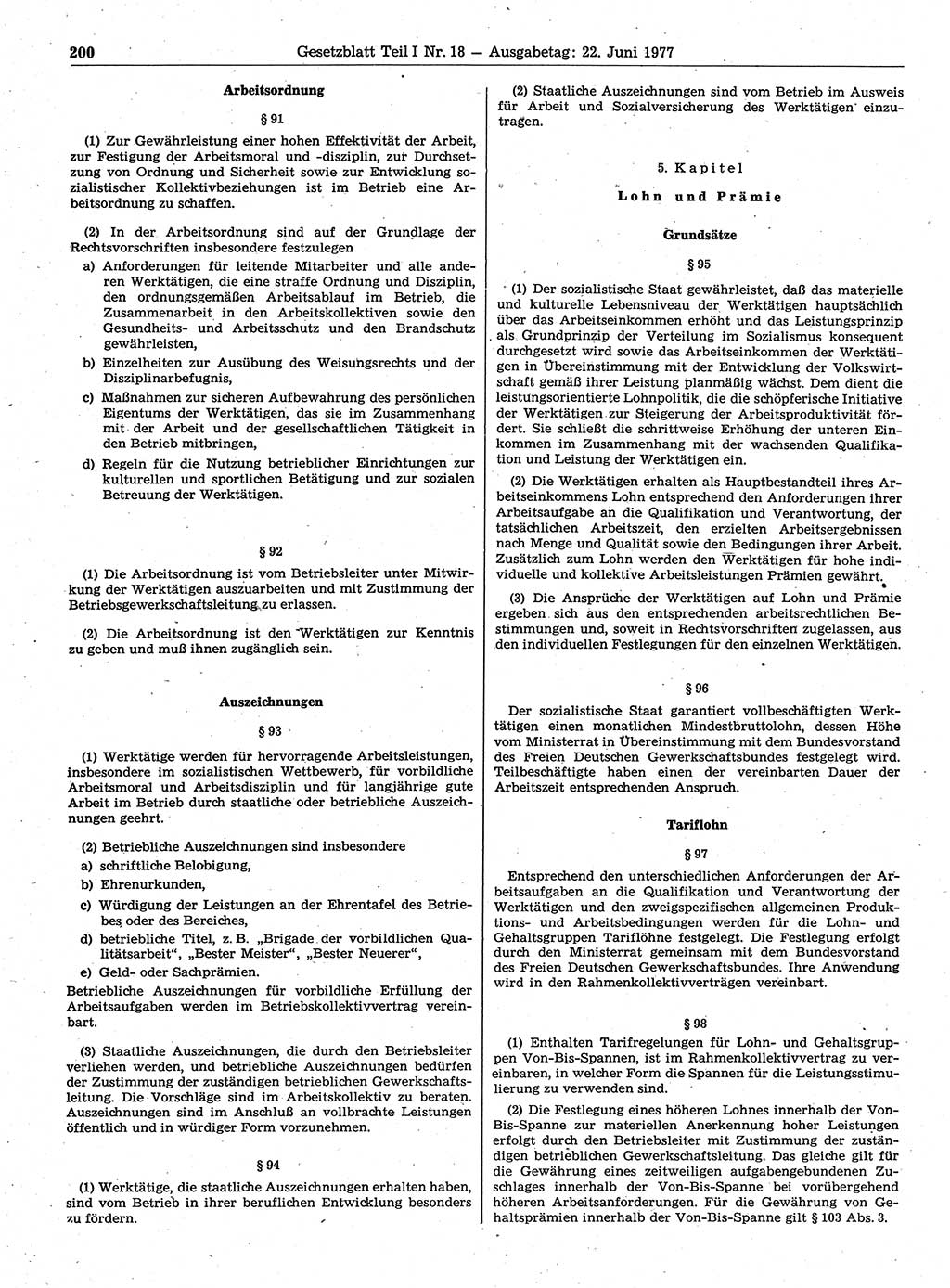 Gesetzblatt (GBl.) der Deutschen Demokratischen Republik (DDR) Teil Ⅰ 1977, Seite 200 (GBl. DDR Ⅰ 1977, S. 200)