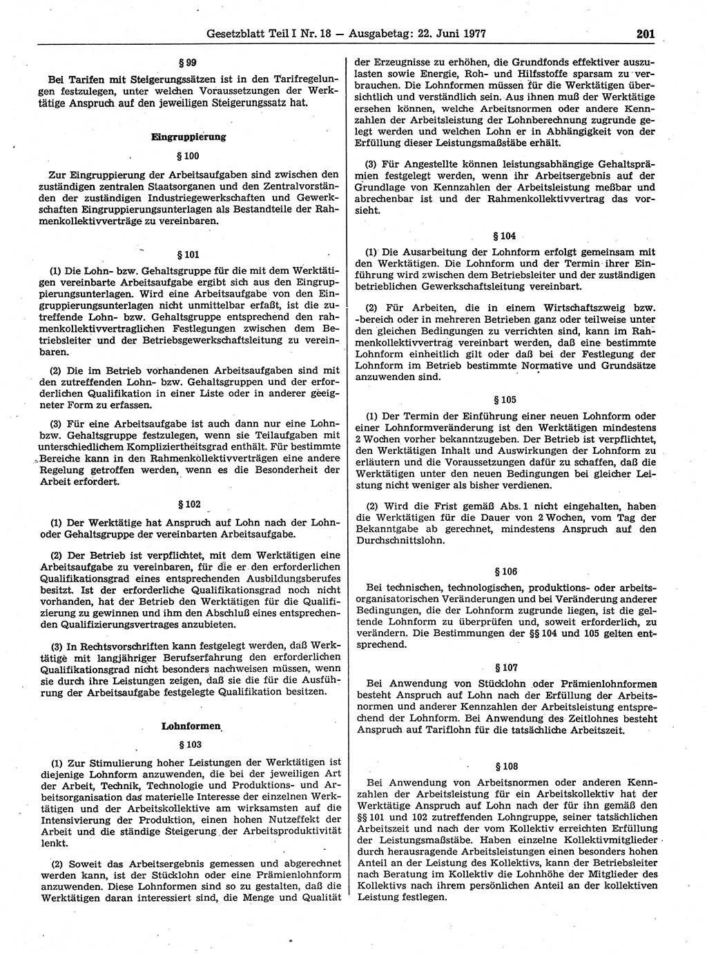 Gesetzblatt (GBl.) der Deutschen Demokratischen Republik (DDR) Teil Ⅰ 1977, Seite 201 (GBl. DDR Ⅰ 1977, S. 201)