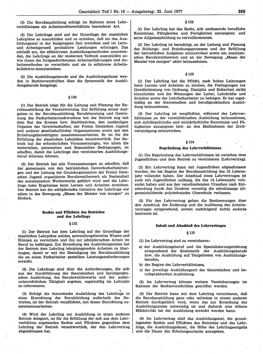 Gesetzblatt (GBl.) der Deutschen Demokratischen Republik (DDR) Teil Ⅰ 1977, Seite 205 (GBl. DDR Ⅰ 1977, S. 205)