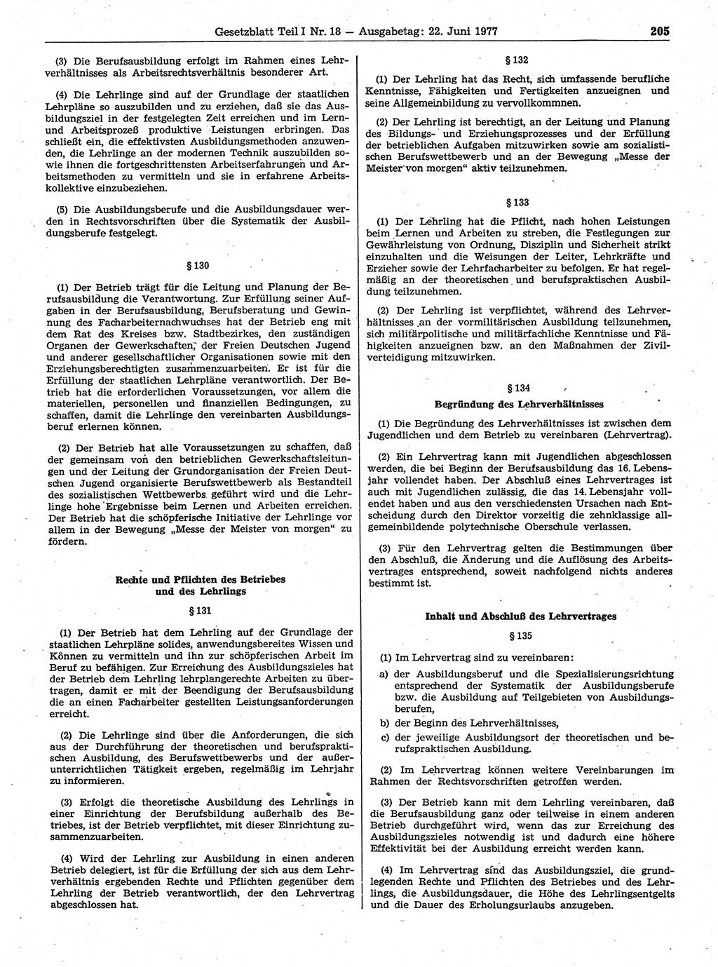 Gesetzblatt (GBl.) der Deutschen Demokratischen Republik (DDR) Teil Ⅰ 1977, Seite 205 (GBl. DDR Ⅰ 1977, S. 205)