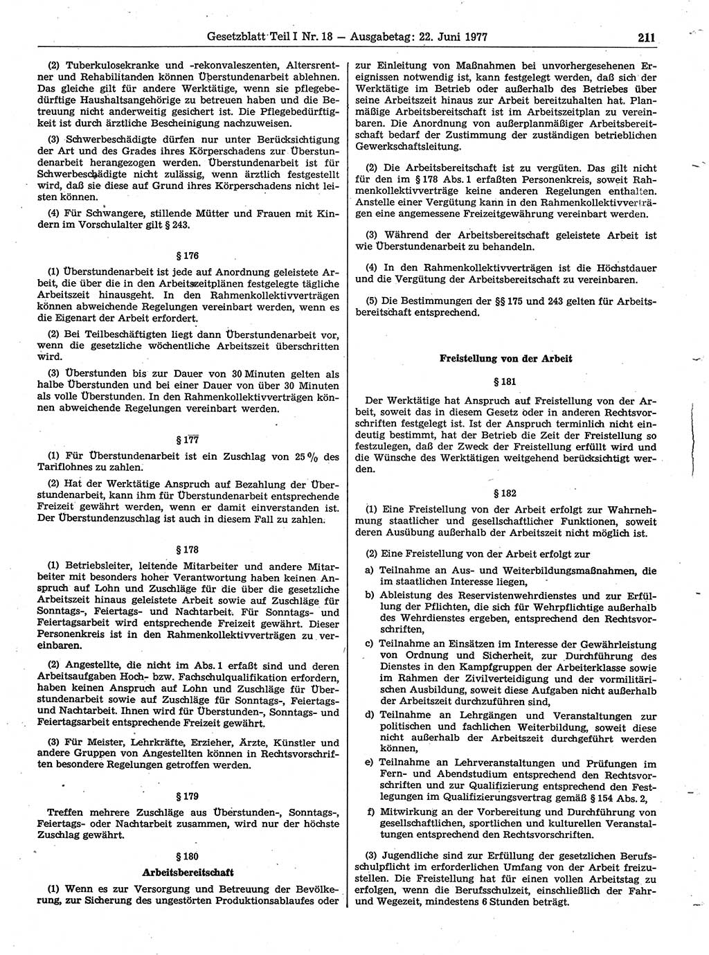 Gesetzblatt (GBl.) der Deutschen Demokratischen Republik (DDR) Teil Ⅰ 1977, Seite 211 (GBl. DDR Ⅰ 1977, S. 211)