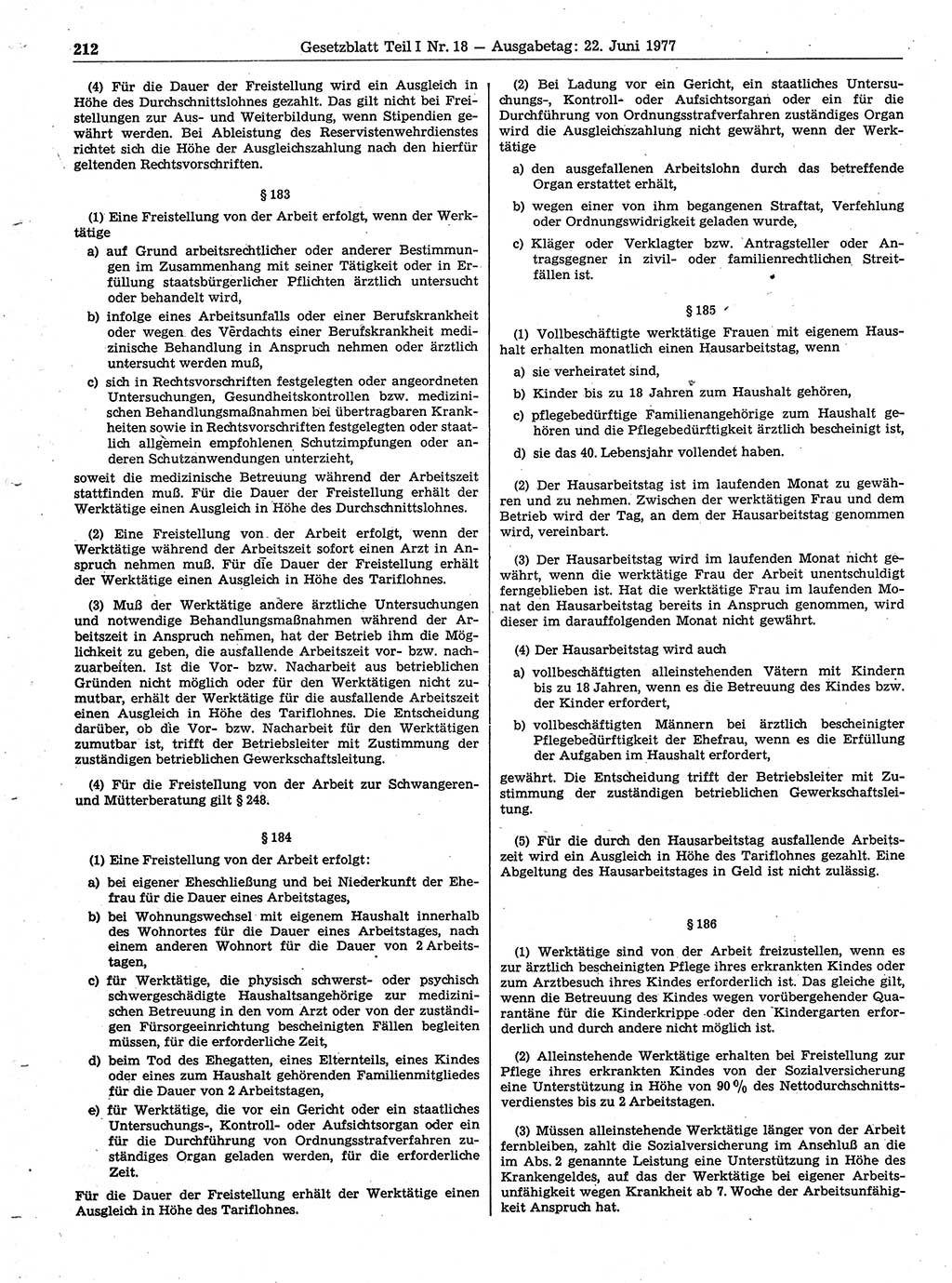 Gesetzblatt (GBl.) der Deutschen Demokratischen Republik (DDR) Teil Ⅰ 1977, Seite 212 (GBl. DDR Ⅰ 1977, S. 212)