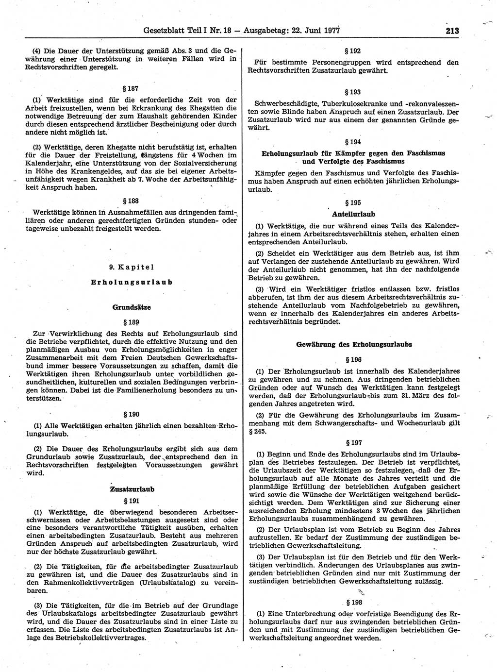 Gesetzblatt (GBl.) der Deutschen Demokratischen Republik (DDR) Teil Ⅰ 1977, Seite 213 (GBl. DDR Ⅰ 1977, S. 213)