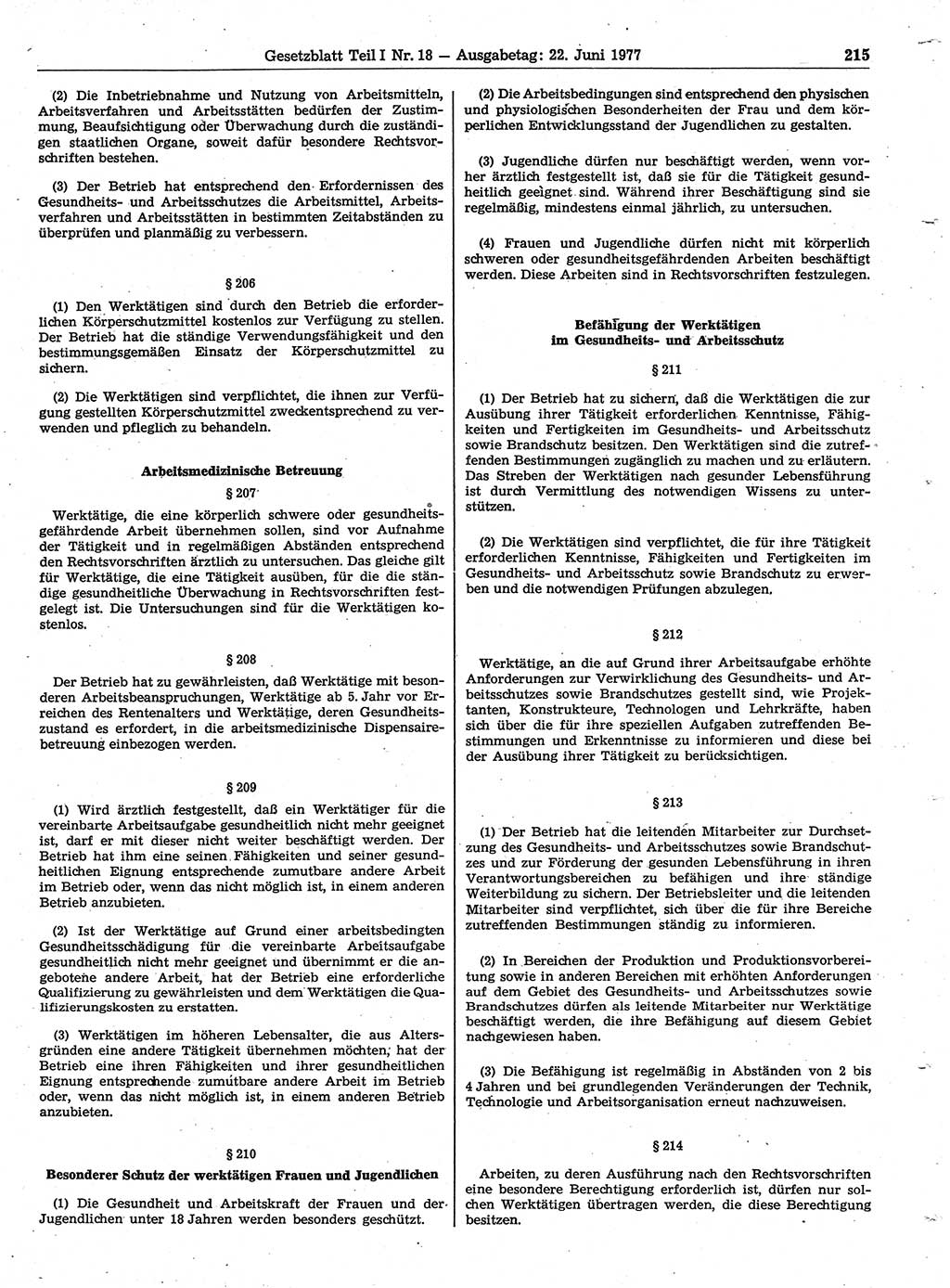 Gesetzblatt (GBl.) der Deutschen Demokratischen Republik (DDR) Teil Ⅰ 1977, Seite 215 (GBl. DDR Ⅰ 1977, S. 215)