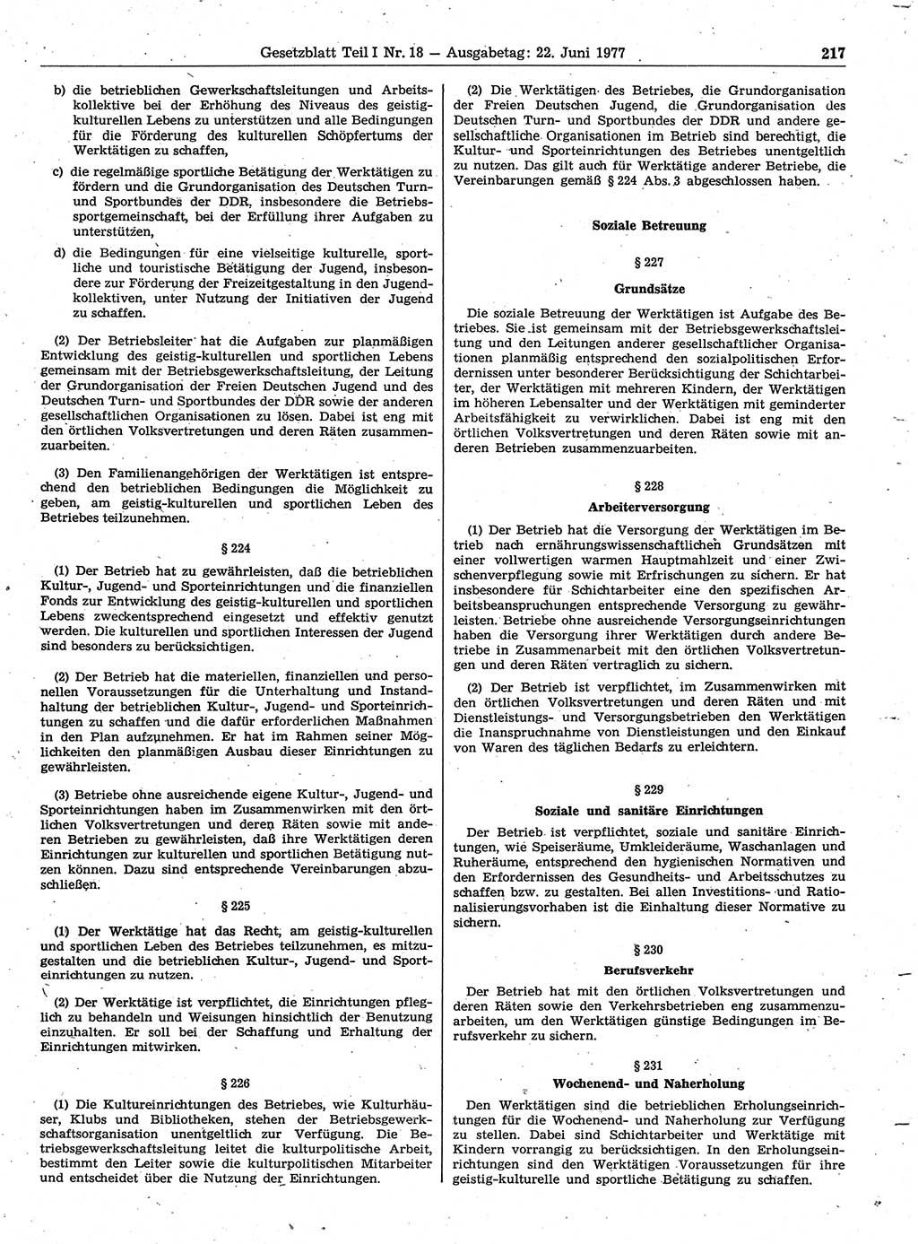 Gesetzblatt (GBl.) der Deutschen Demokratischen Republik (DDR) Teil Ⅰ 1977, Seite 217 (GBl. DDR Ⅰ 1977, S. 217)