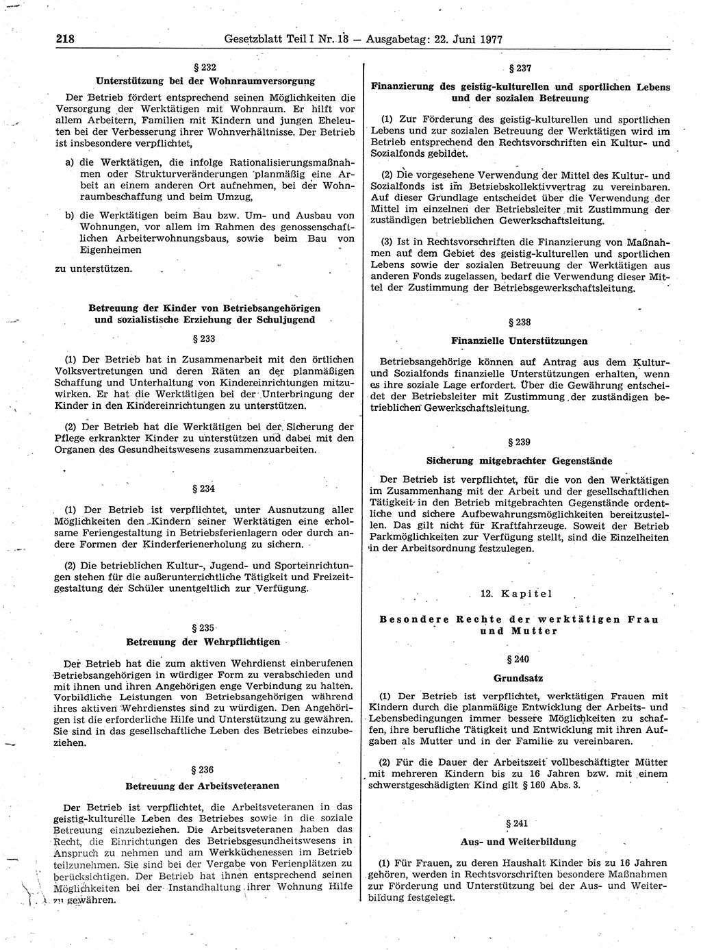 Gesetzblatt (GBl.) der Deutschen Demokratischen Republik (DDR) Teil Ⅰ 1977, Seite 218 (GBl. DDR Ⅰ 1977, S. 218)