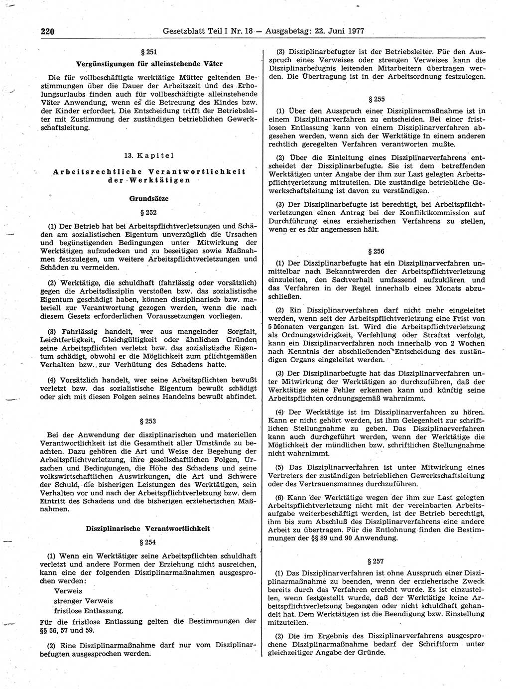 Gesetzblatt (GBl.) der Deutschen Demokratischen Republik (DDR) Teil Ⅰ 1977, Seite 220 (GBl. DDR Ⅰ 1977, S. 220)