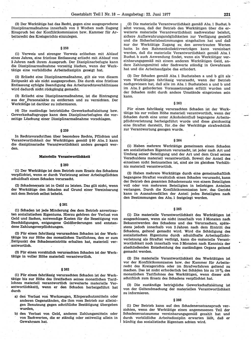 Gesetzblatt (GBl.) der Deutschen Demokratischen Republik (DDR) Teil Ⅰ 1977, Seite 221 (GBl. DDR Ⅰ 1977, S. 221)