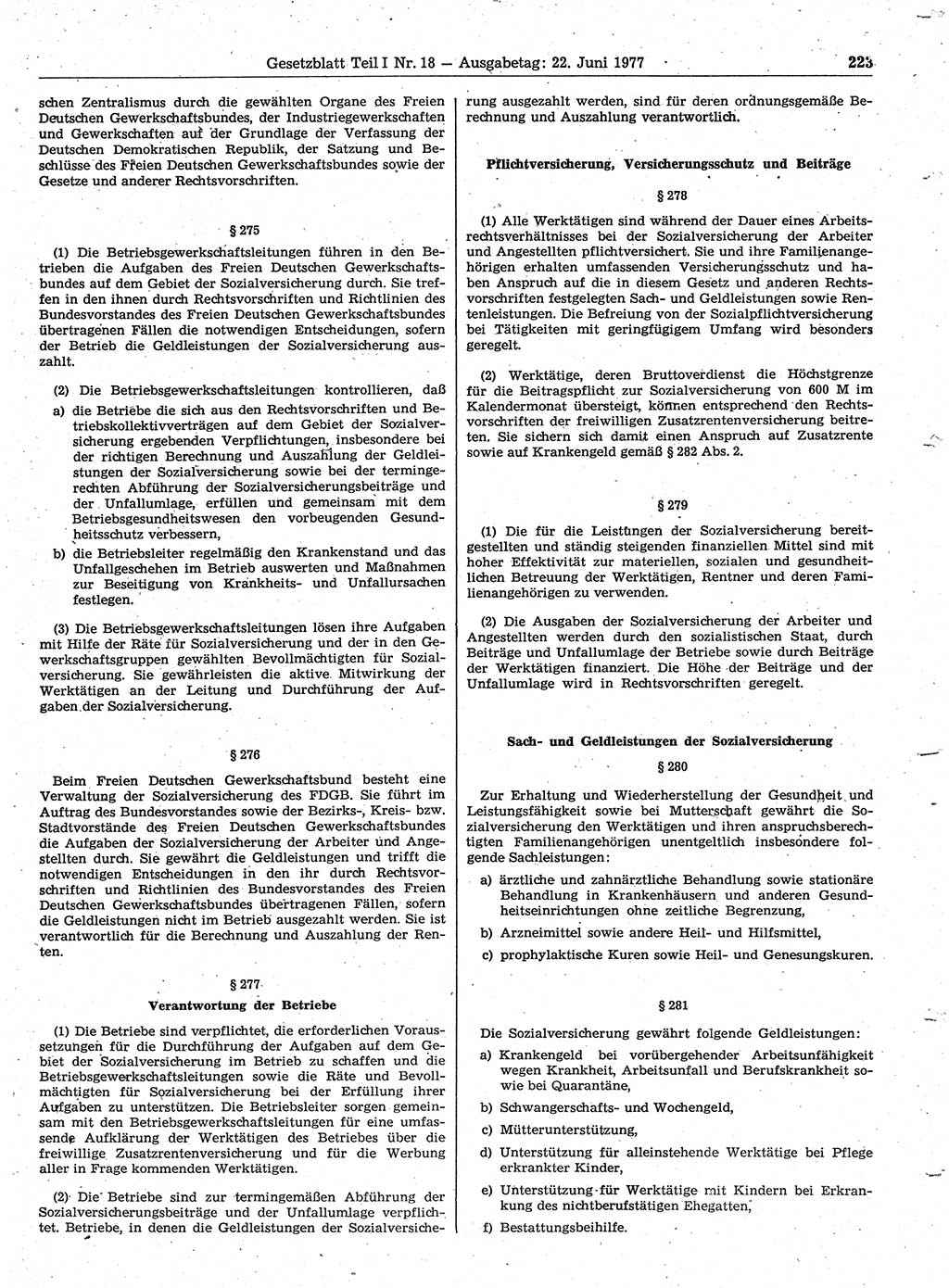 Gesetzblatt (GBl.) der Deutschen Demokratischen Republik (DDR) Teil Ⅰ 1977, Seite 223 (GBl. DDR Ⅰ 1977, S. 223)
