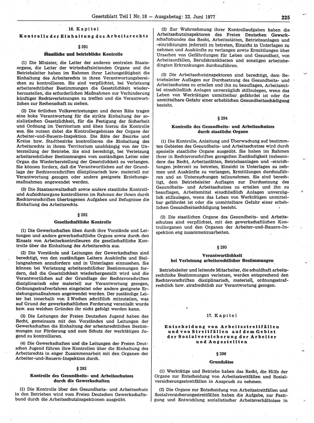 Gesetzblatt (GBl.) der Deutschen Demokratischen Republik (DDR) Teil Ⅰ 1977, Seite 225 (GBl. DDR Ⅰ 1977, S. 225)
