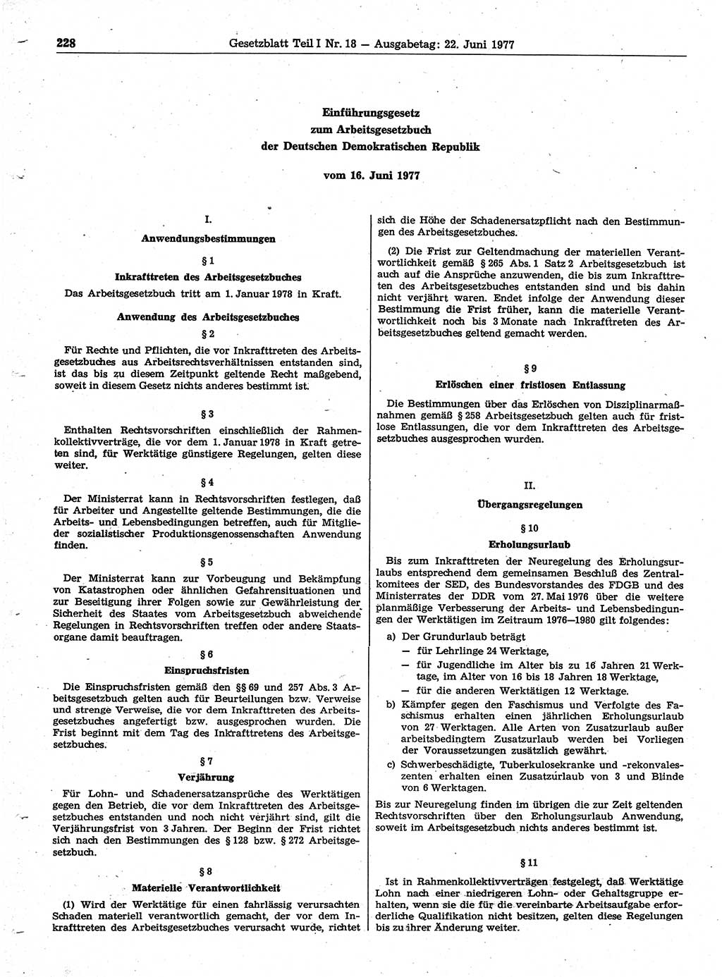 Gesetzblatt (GBl.) der Deutschen Demokratischen Republik (DDR) Teil Ⅰ 1977, Seite 228 (GBl. DDR Ⅰ 1977, S. 228)