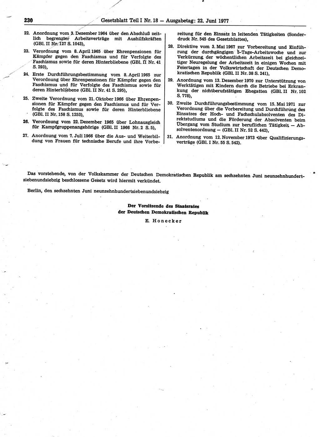 Gesetzblatt (GBl.) der Deutschen Demokratischen Republik (DDR) Teil Ⅰ 1977, Seite 230 (GBl. DDR Ⅰ 1977, S. 230)