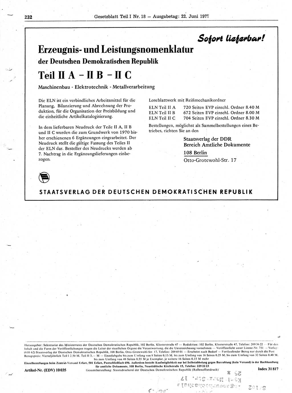 Gesetzblatt (GBl.) der Deutschen Demokratischen Republik (DDR) Teil Ⅰ 1977, Seite 232 (GBl. DDR Ⅰ 1977, S. 232)