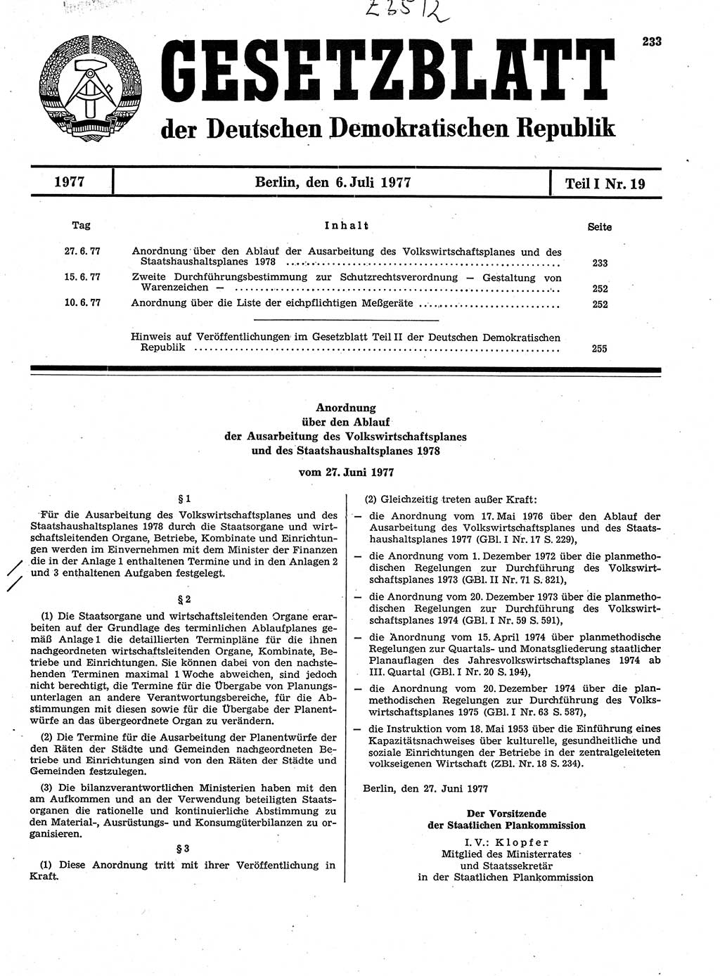 Gesetzblatt (GBl.) der Deutschen Demokratischen Republik (DDR) Teil Ⅰ 1977, Seite 233 (GBl. DDR Ⅰ 1977, S. 233)