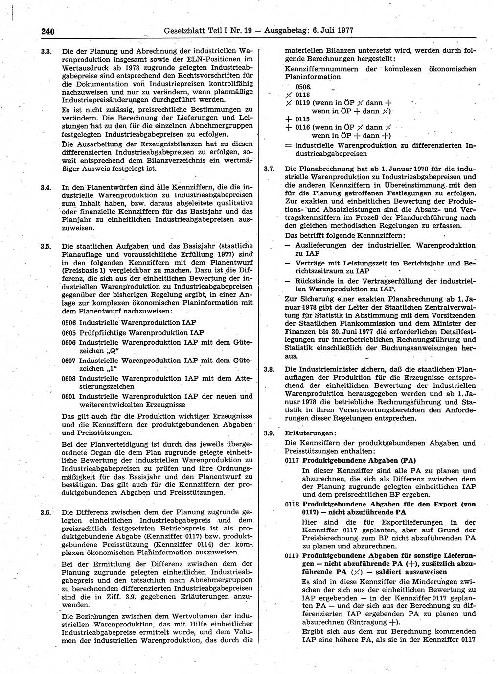 Gesetzblatt (GBl.) der Deutschen Demokratischen Republik (DDR) Teil Ⅰ 1977, Seite 240 (GBl. DDR Ⅰ 1977, S. 240)