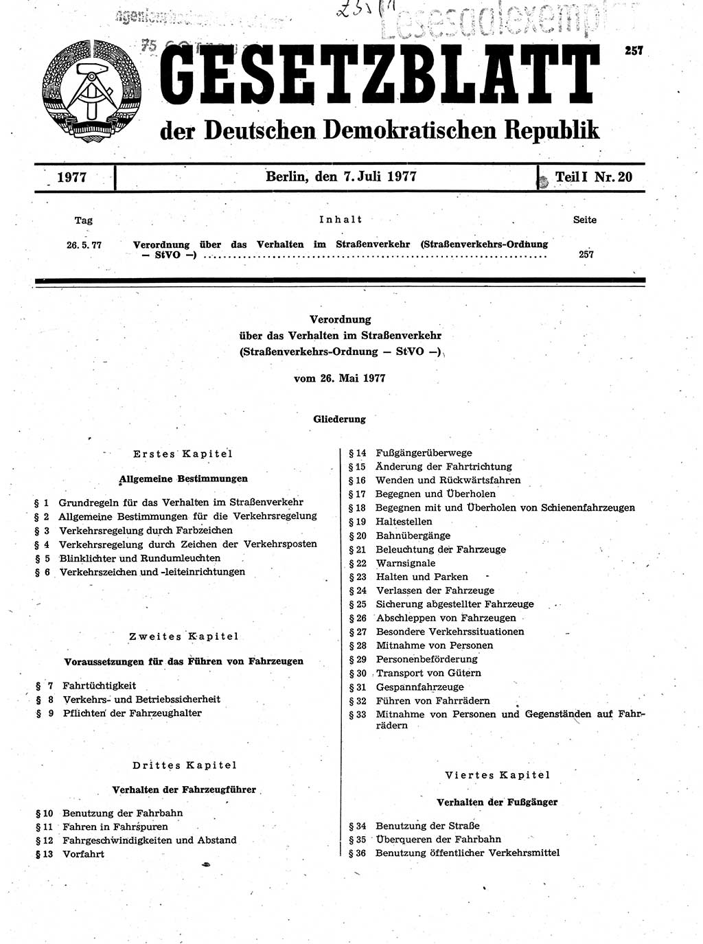 Gesetzblatt (GBl.) der Deutschen Demokratischen Republik (DDR) Teil Ⅰ 1977, Seite 257 (GBl. DDR Ⅰ 1977, S. 257)