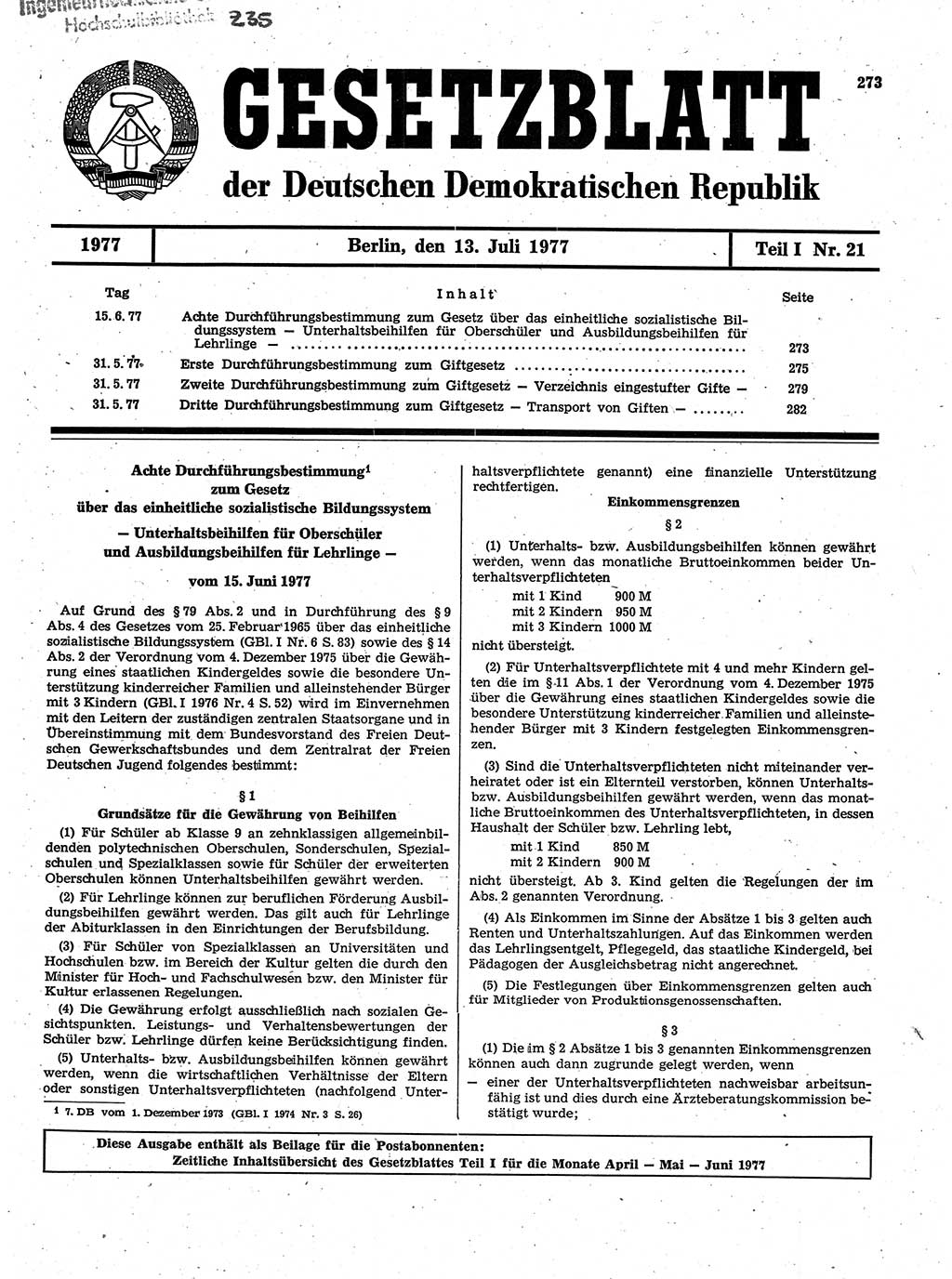 Gesetzblatt (GBl.) der Deutschen Demokratischen Republik (DDR) Teil Ⅰ 1977, Seite 273 (GBl. DDR Ⅰ 1977, S. 273)