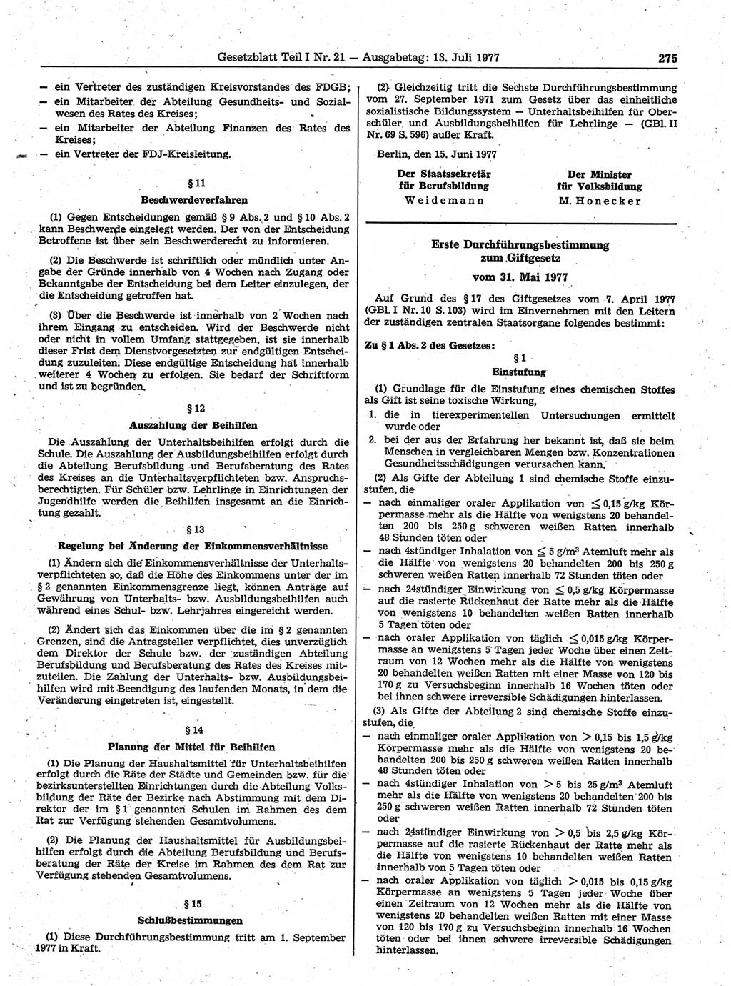 Gesetzblatt (GBl.) der Deutschen Demokratischen Republik (DDR) Teil Ⅰ 1977, Seite 275 (GBl. DDR Ⅰ 1977, S. 275)