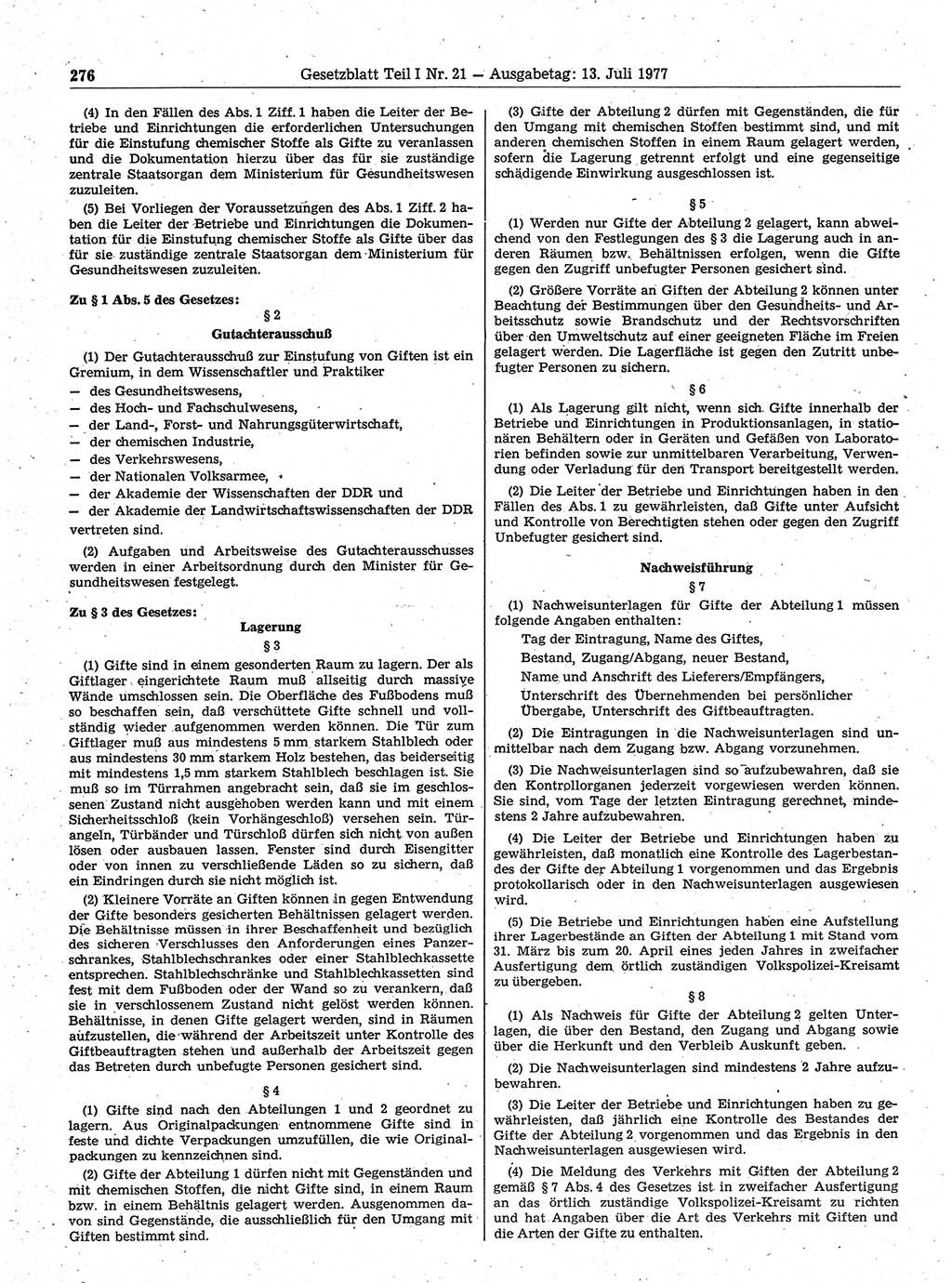 Gesetzblatt (GBl.) der Deutschen Demokratischen Republik (DDR) Teil Ⅰ 1977, Seite 276 (GBl. DDR Ⅰ 1977, S. 276)