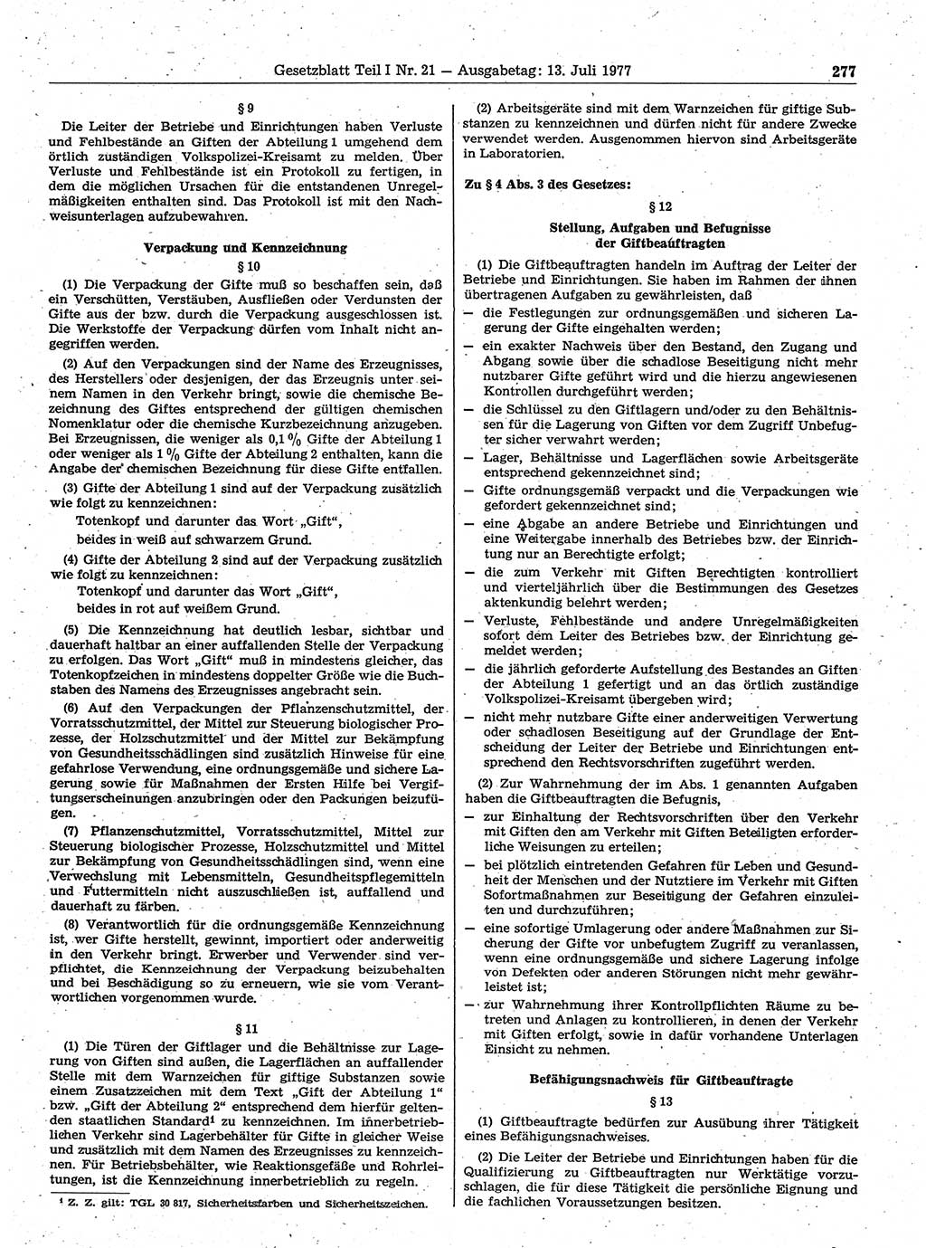 Gesetzblatt (GBl.) der Deutschen Demokratischen Republik (DDR) Teil Ⅰ 1977, Seite 277 (GBl. DDR Ⅰ 1977, S. 277)