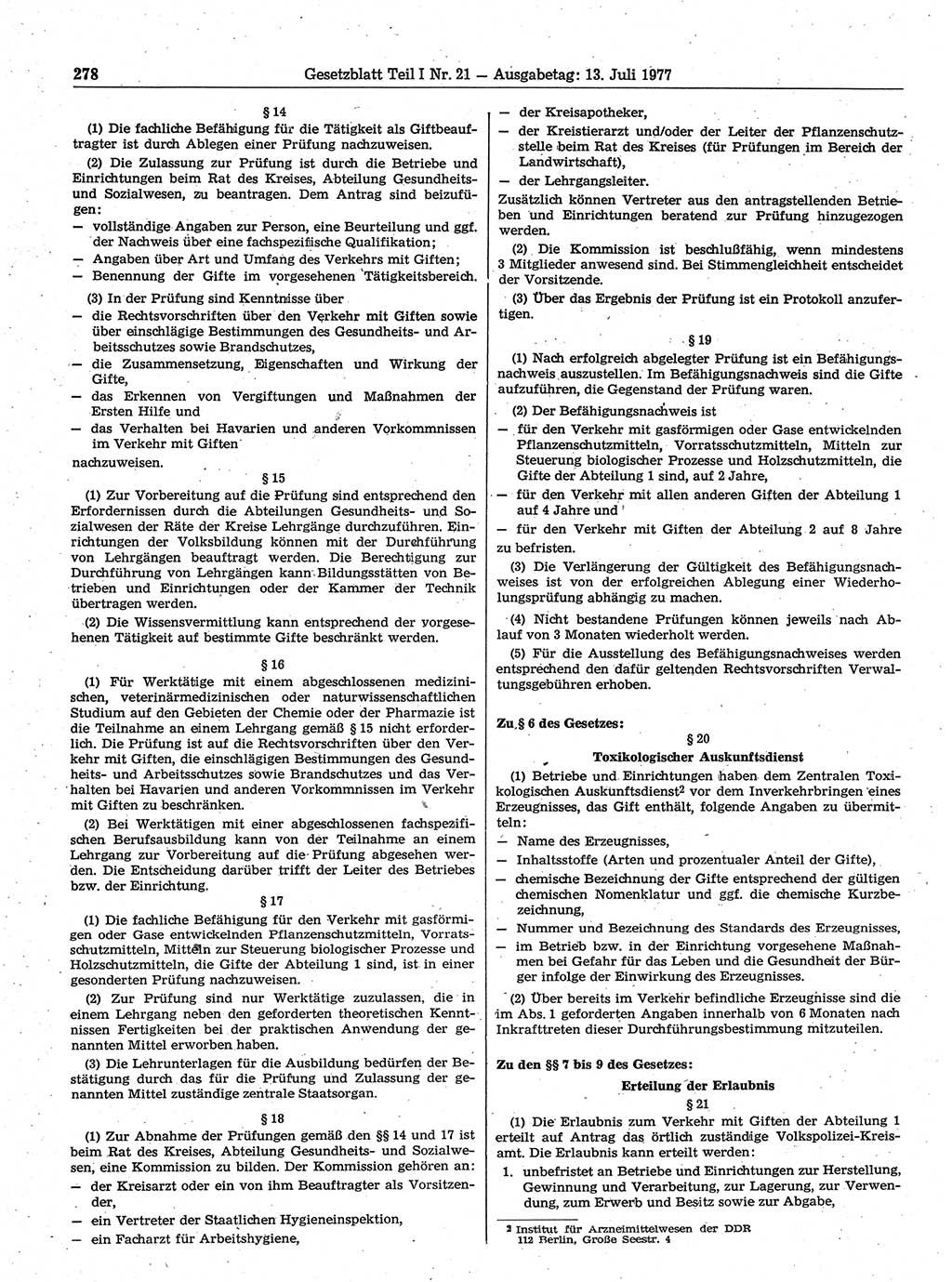 Gesetzblatt (GBl.) der Deutschen Demokratischen Republik (DDR) Teil Ⅰ 1977, Seite 278 (GBl. DDR Ⅰ 1977, S. 278)