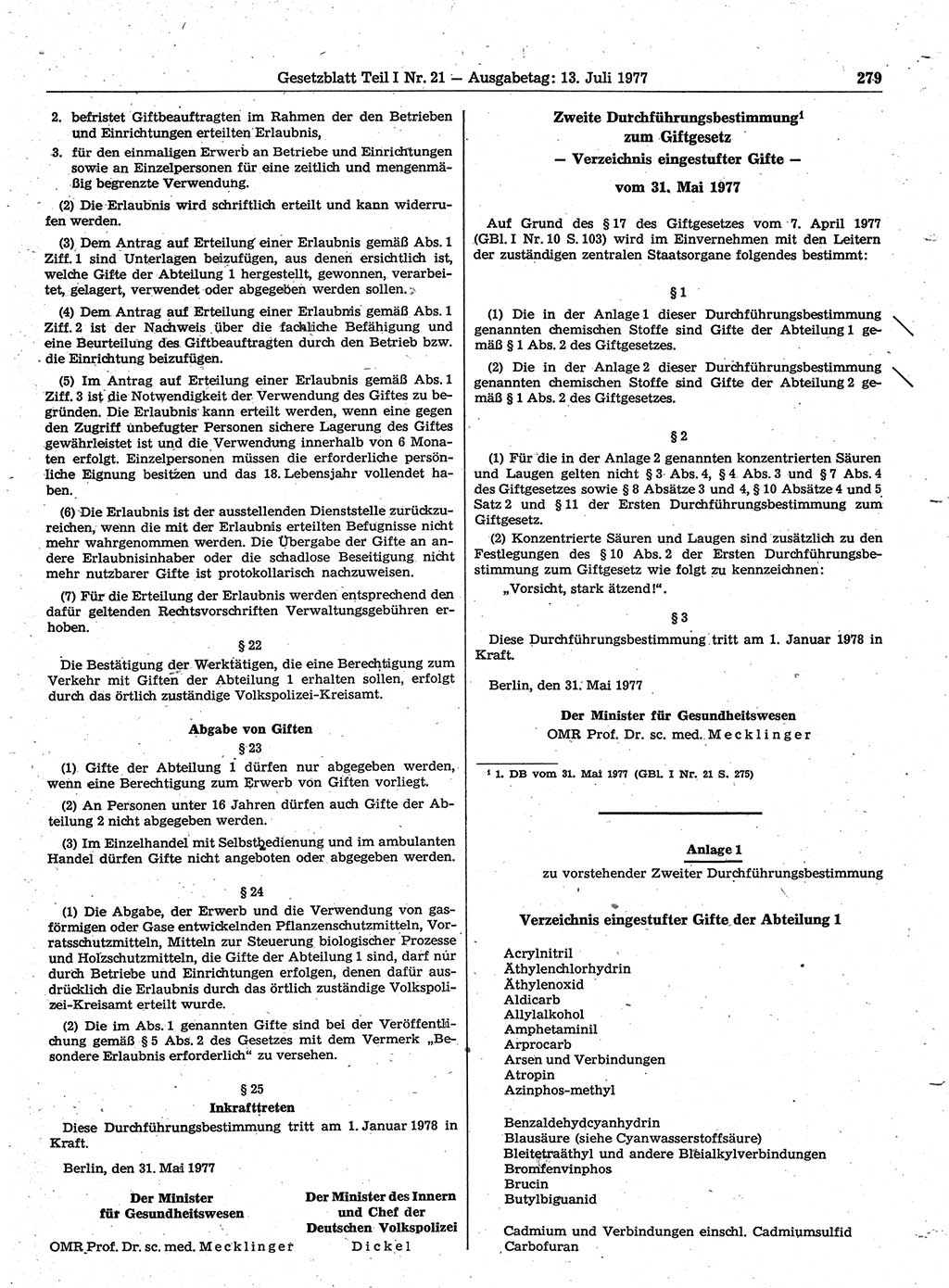 Gesetzblatt (GBl.) der Deutschen Demokratischen Republik (DDR) Teil Ⅰ 1977, Seite 279 (GBl. DDR Ⅰ 1977, S. 279)