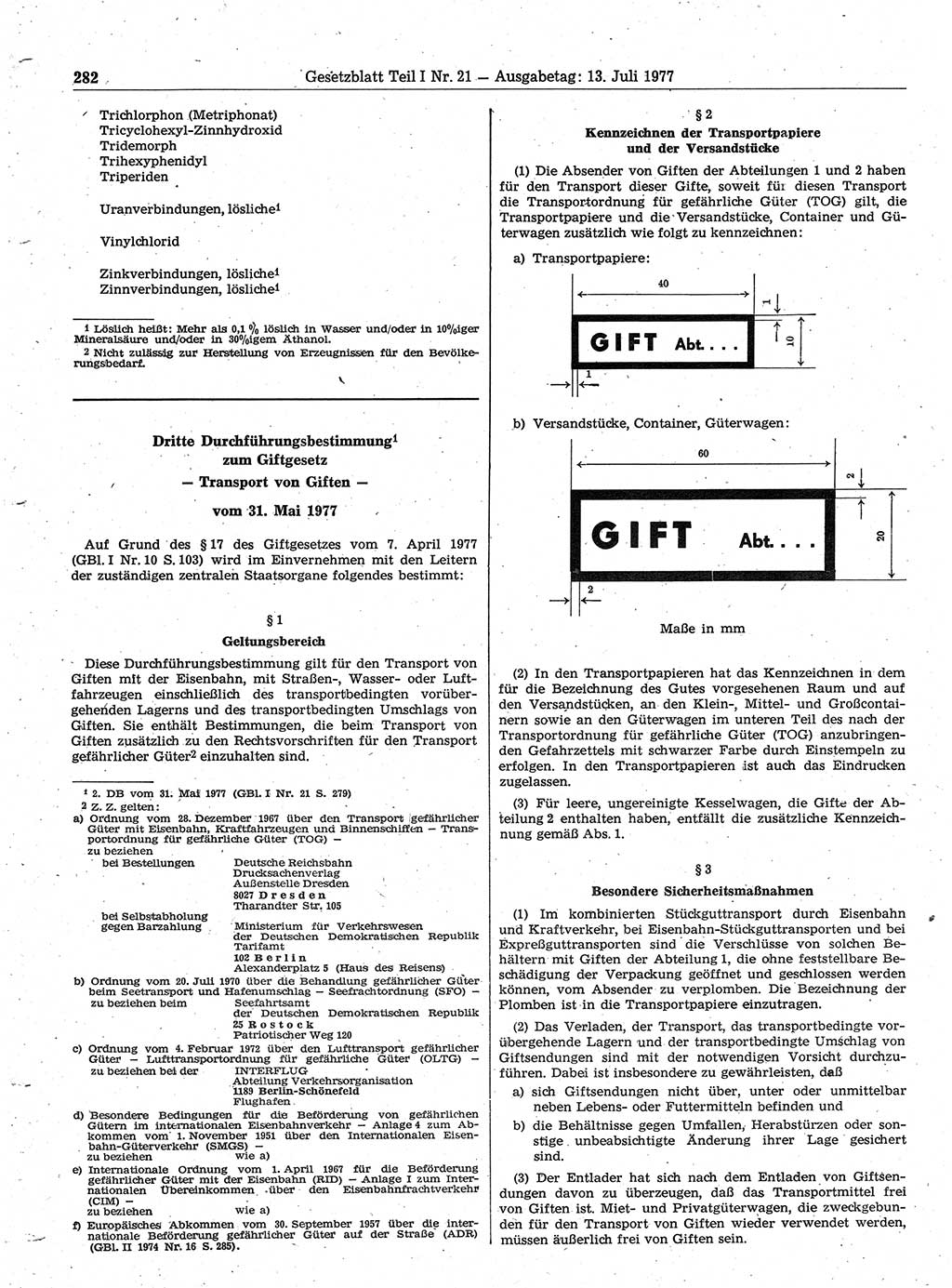 Gesetzblatt (GBl.) der Deutschen Demokratischen Republik (DDR) Teil Ⅰ 1977, Seite 282 (GBl. DDR Ⅰ 1977, S. 282)