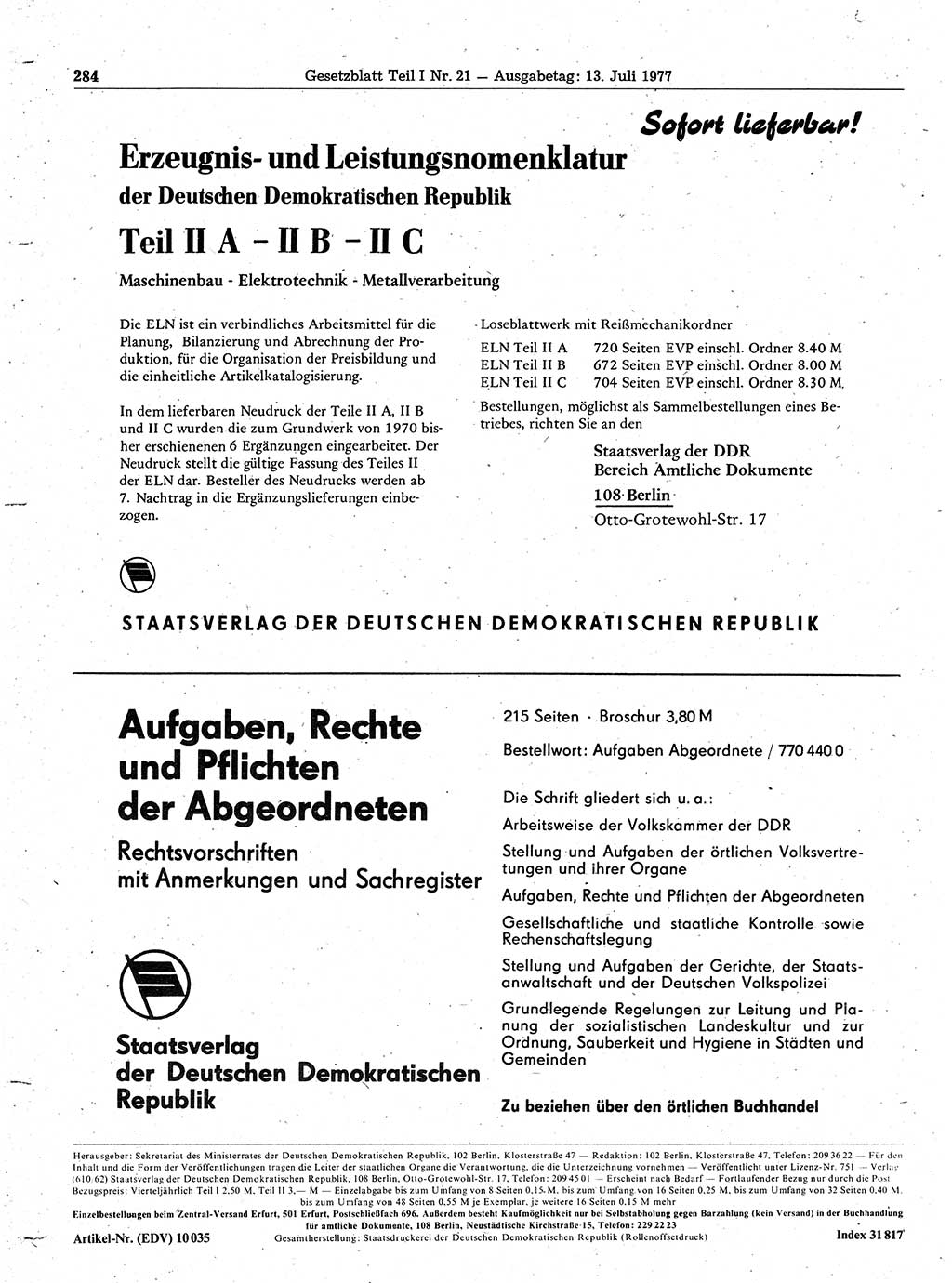 Gesetzblatt (GBl.) der Deutschen Demokratischen Republik (DDR) Teil Ⅰ 1977, Seite 284 (GBl. DDR Ⅰ 1977, S. 284)